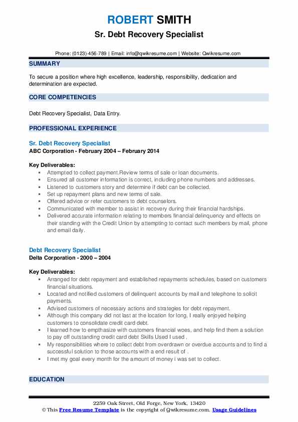 Debt Recovery Specialist Resume Samples QwikResume
