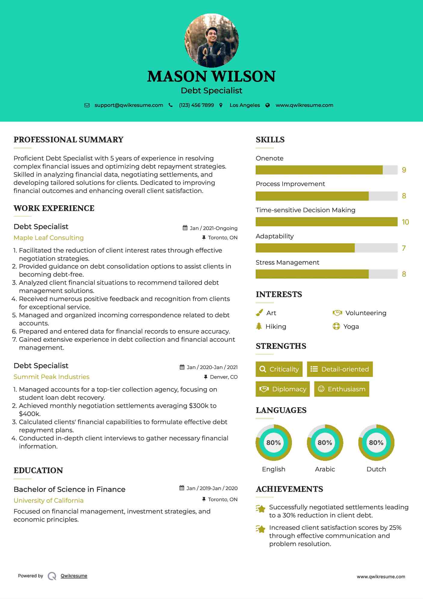 Debt Specialist Resume Sample