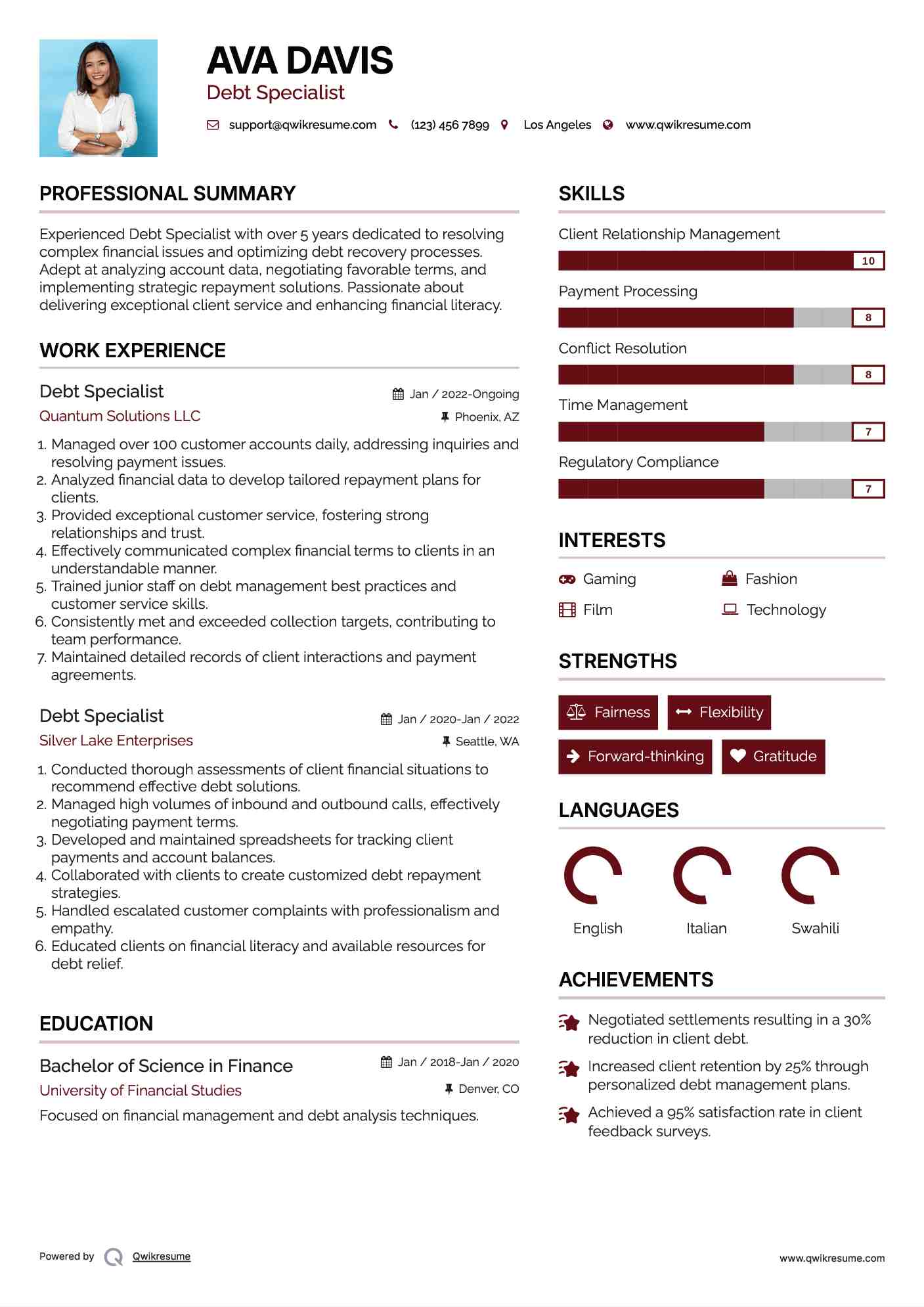 Debt Specialist Resume Format