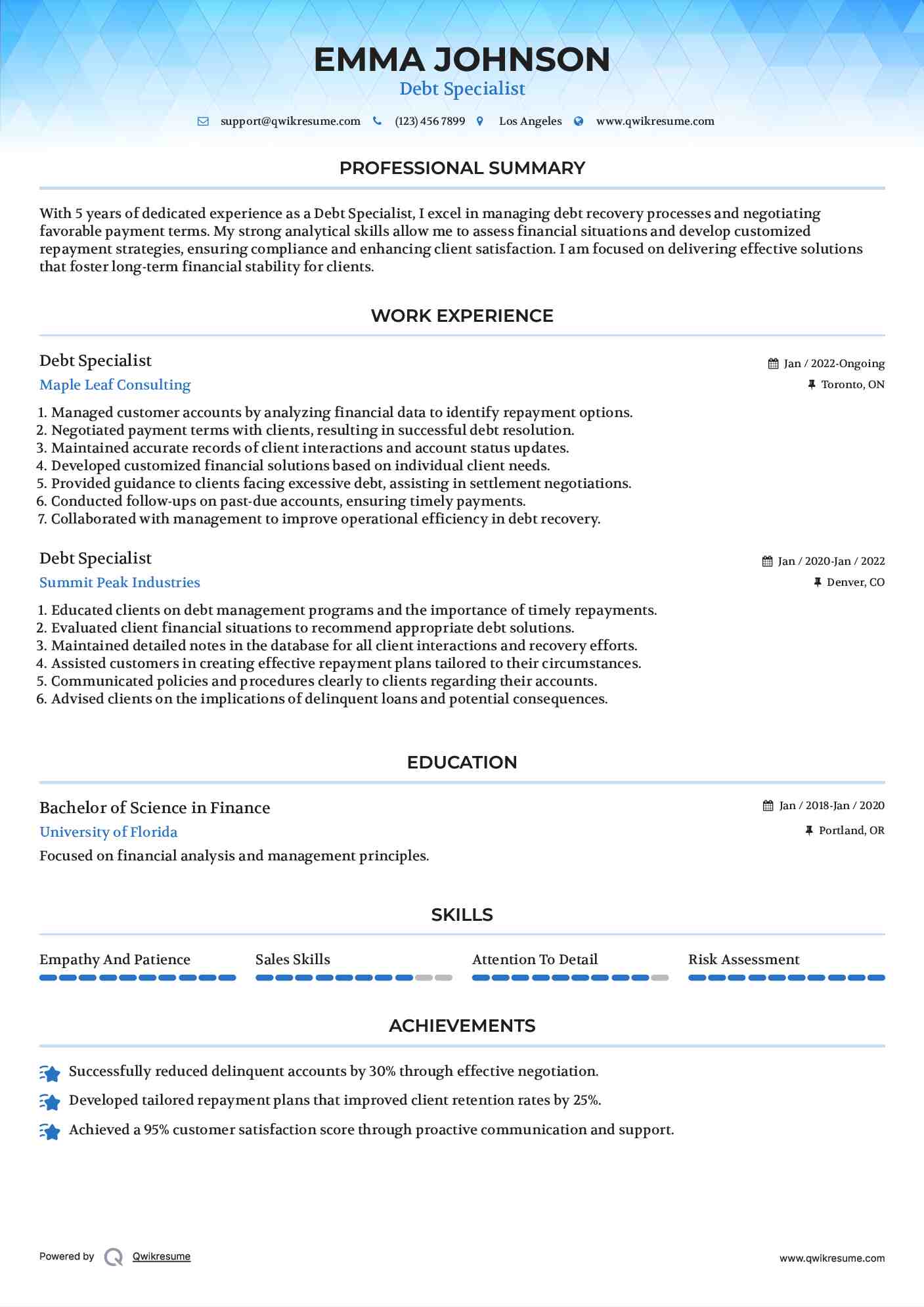 Debt Specialist Resume Template