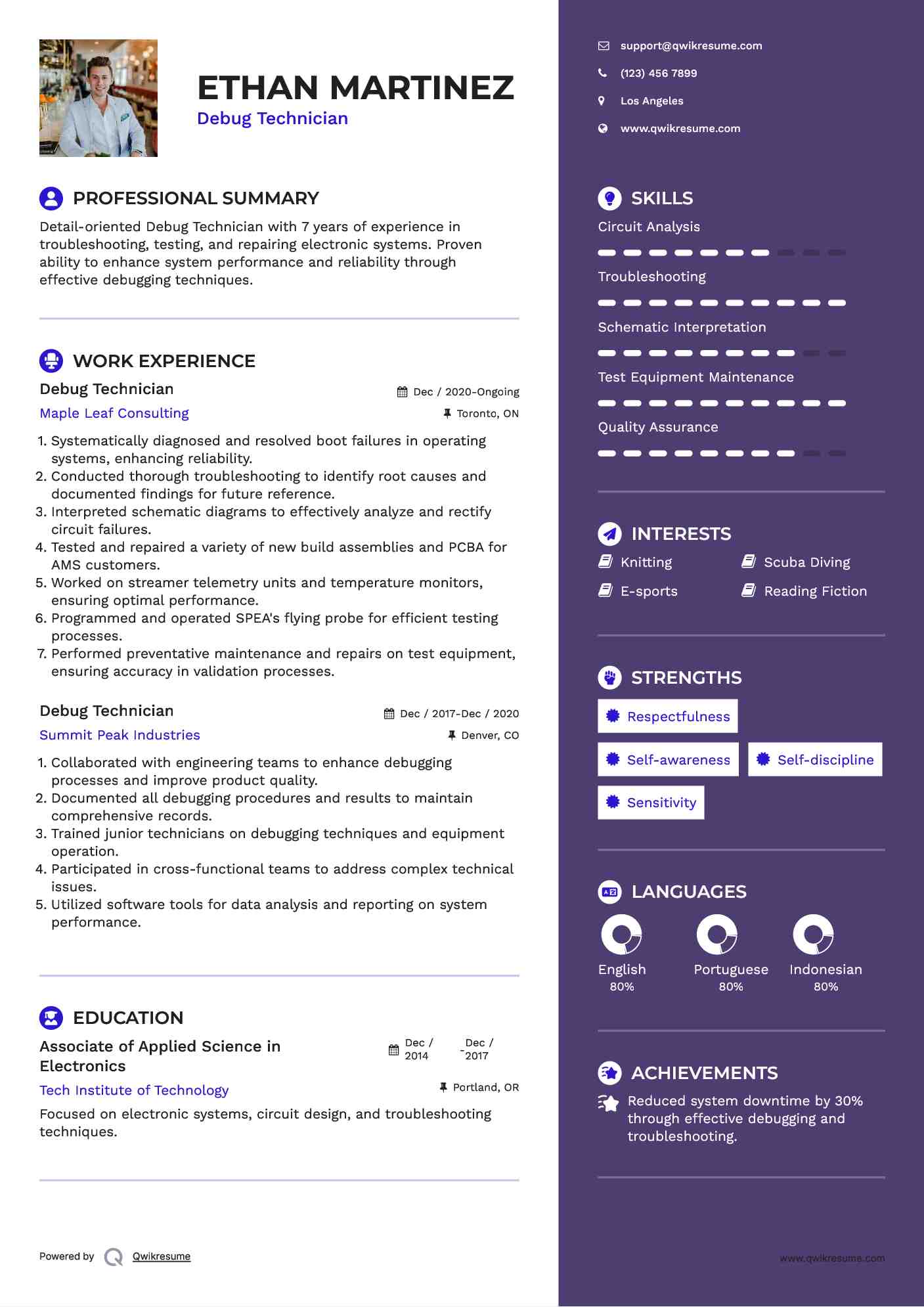 Debug Technician Resume Sample