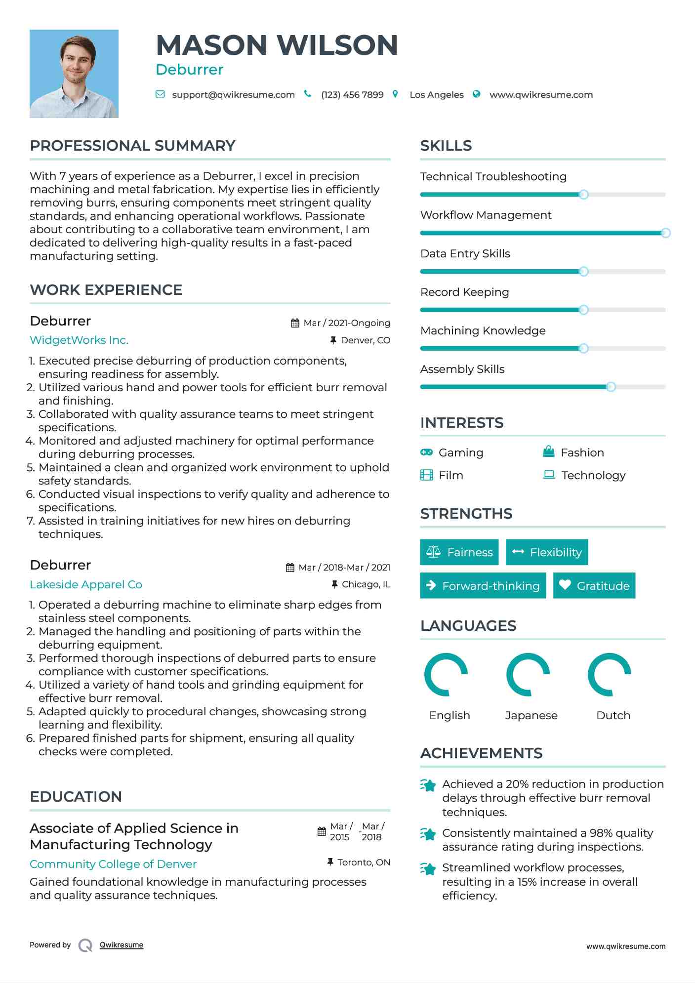 Deburrer Resume Model