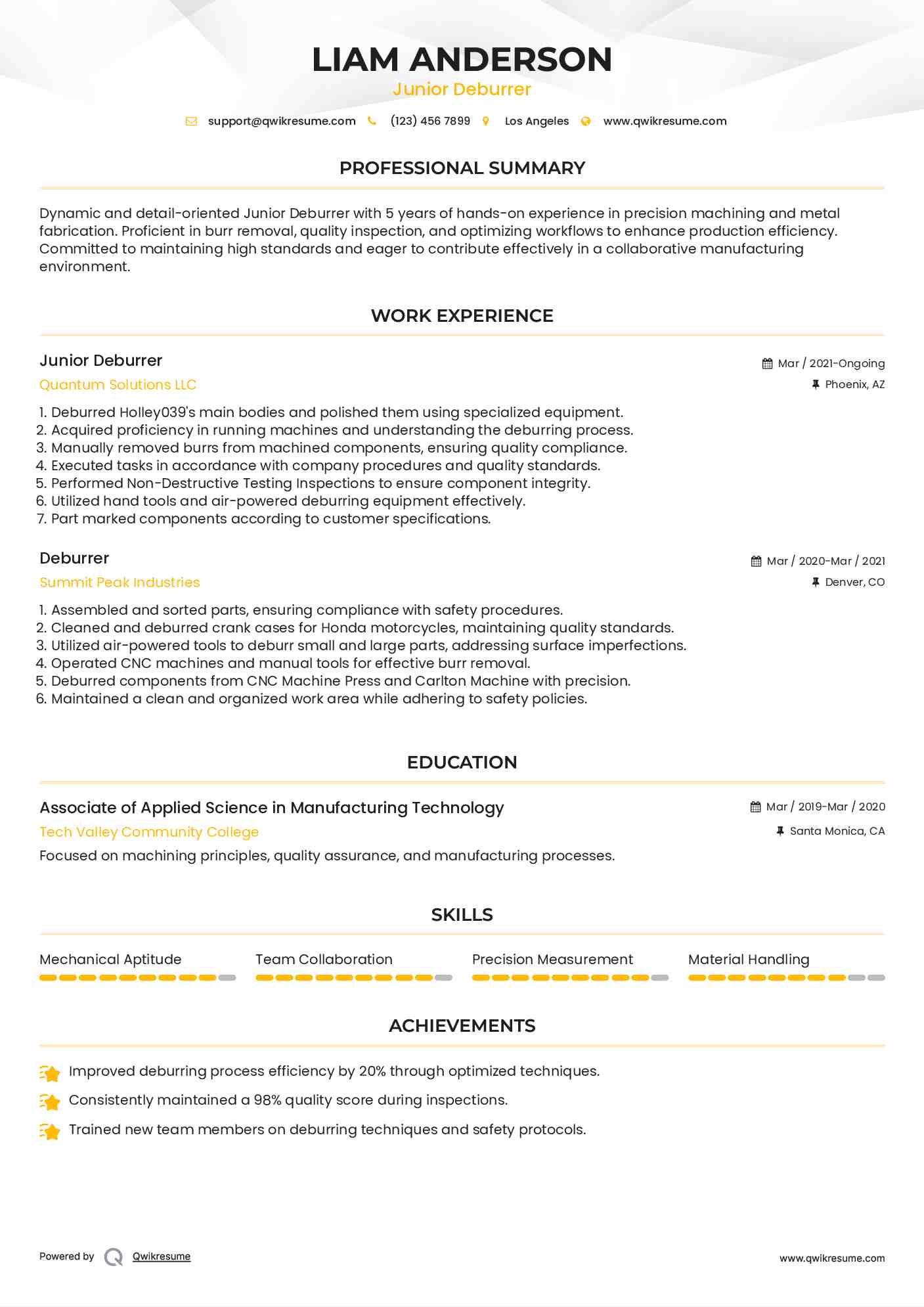Junior Deburrer Resume Model