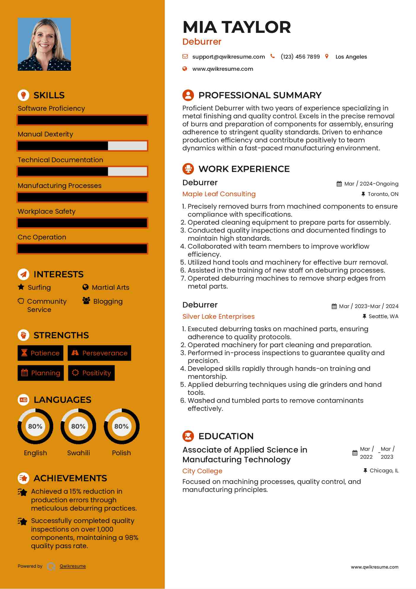 Deburrer Resume Model