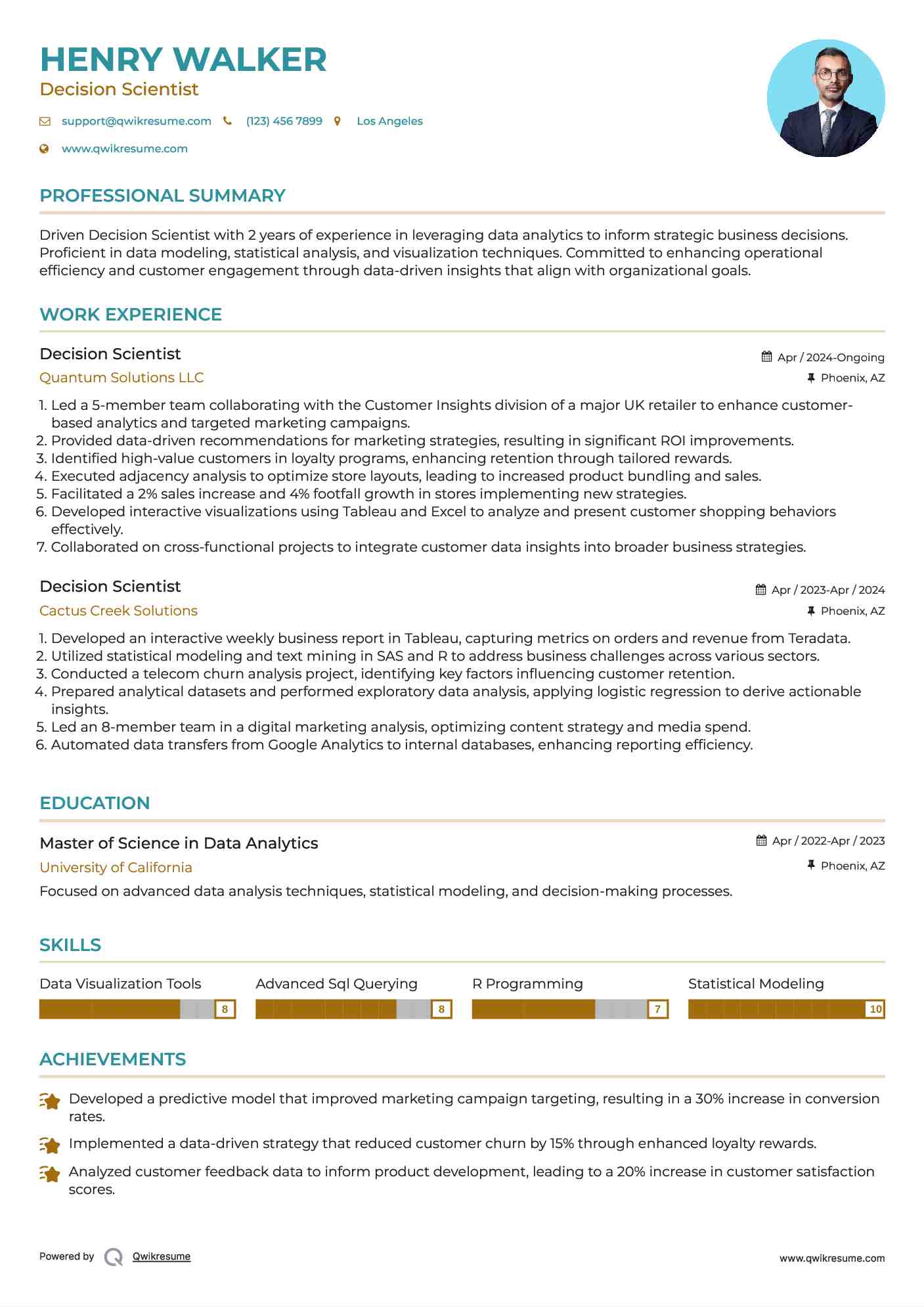 Decision Scientist Resume Example