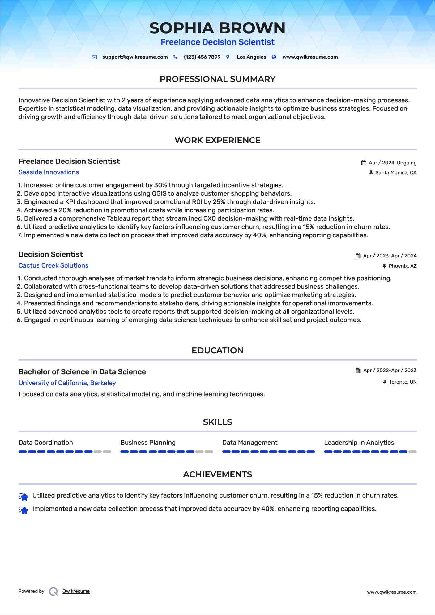Freelance Decision Scientist Resume Example