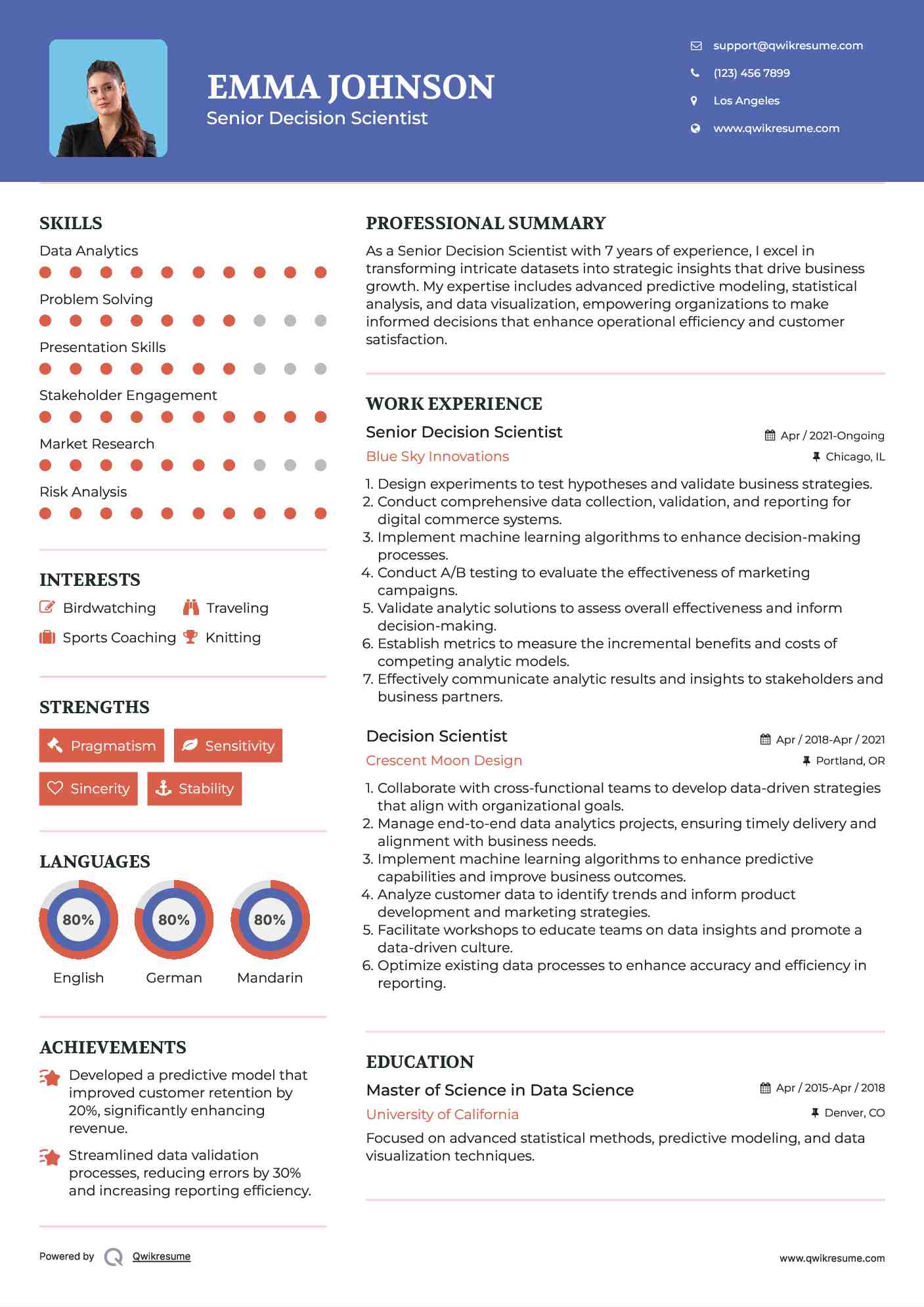 Senior Decision Scientist Resume Example