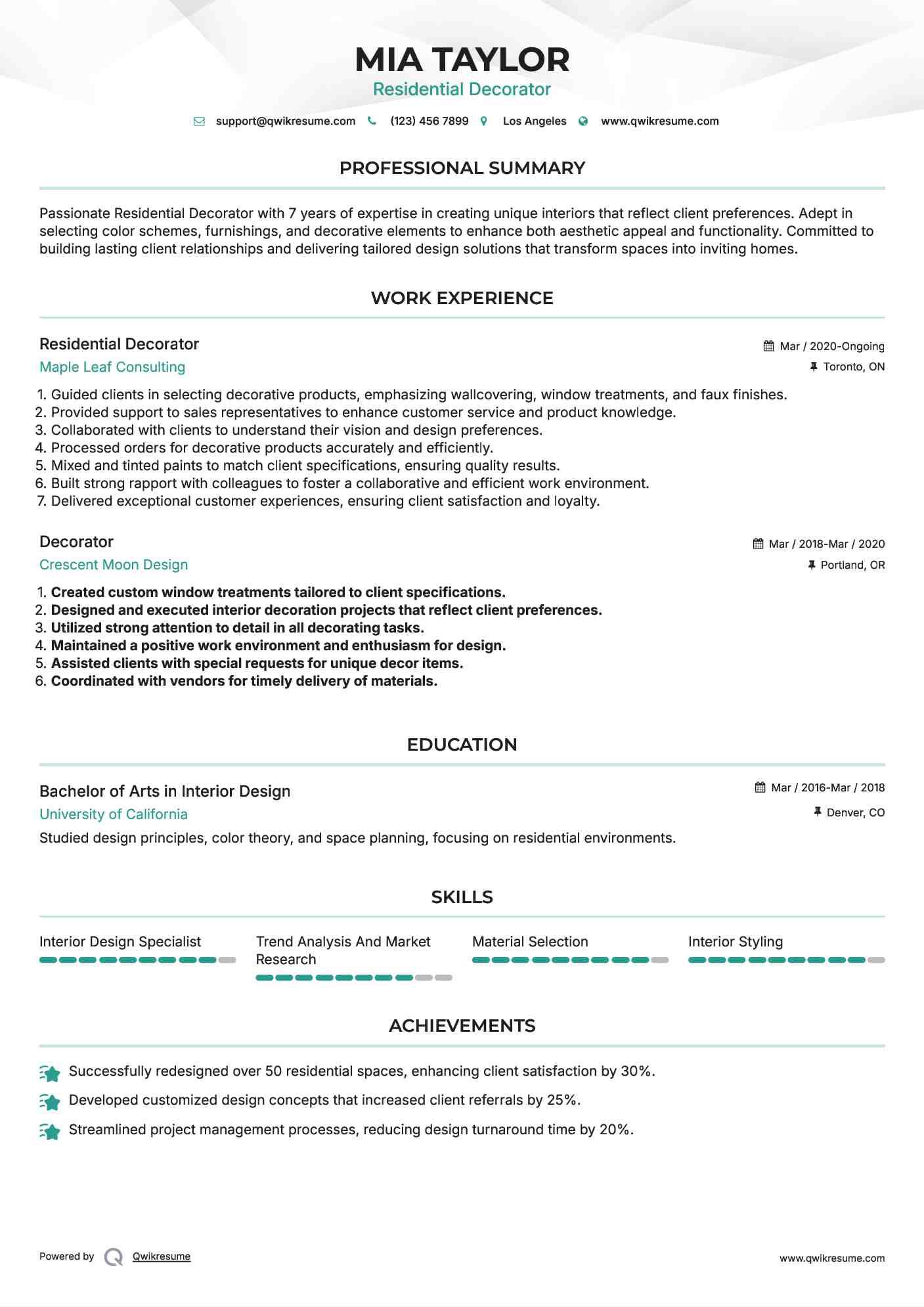 Residential Decorator Resume Format