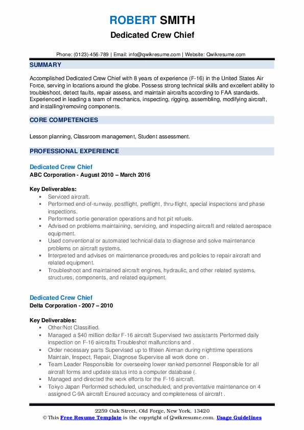 Dedicated Crew Chief Resume Samples QwikResume