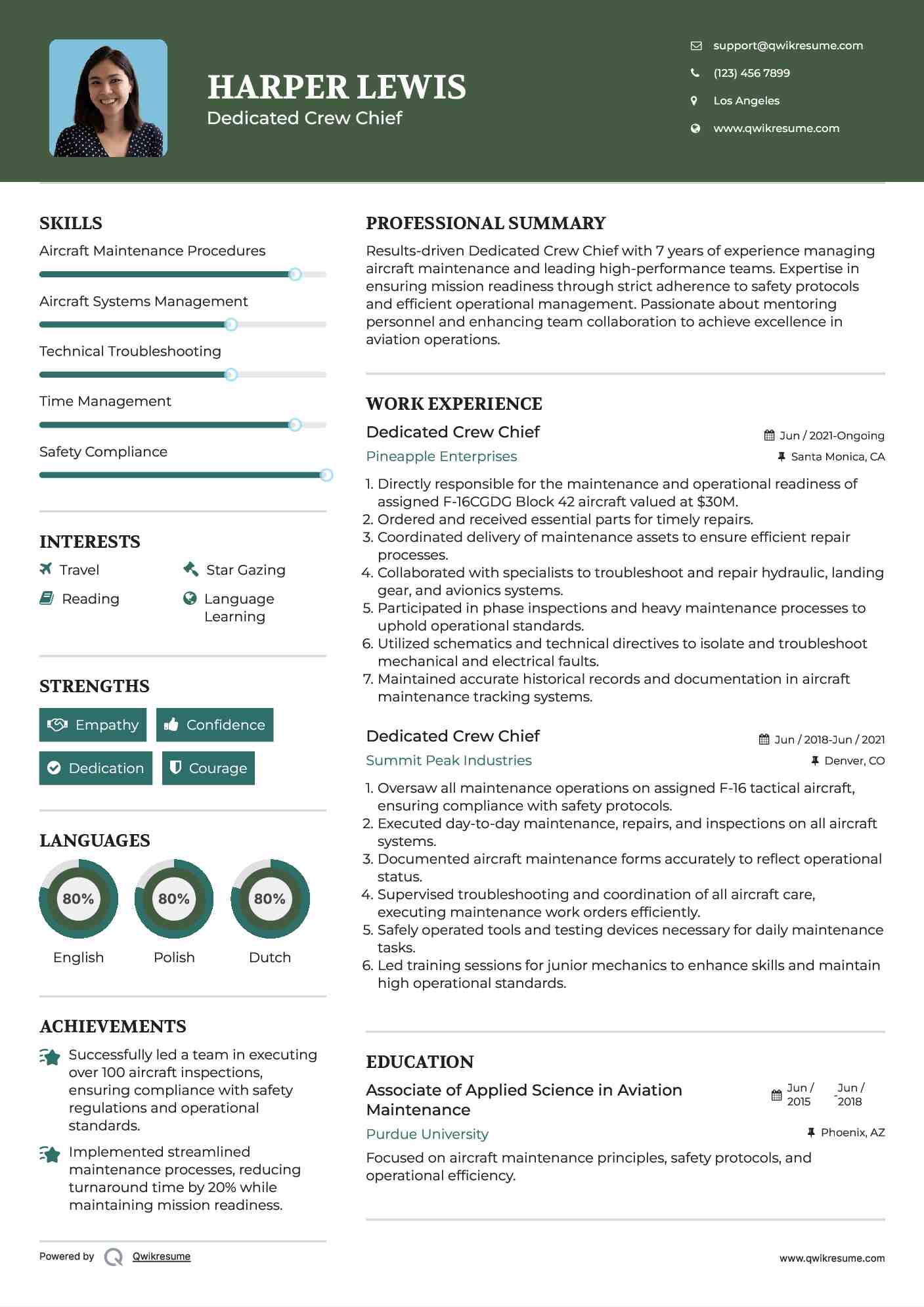 Dedicated Crew Chief Resume Sample