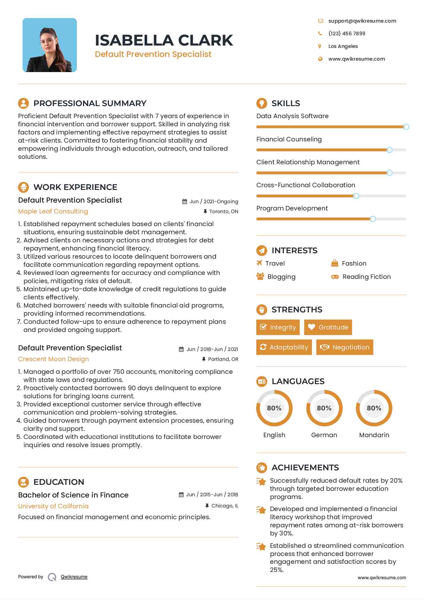 Default Prevention Specialist Resume Example