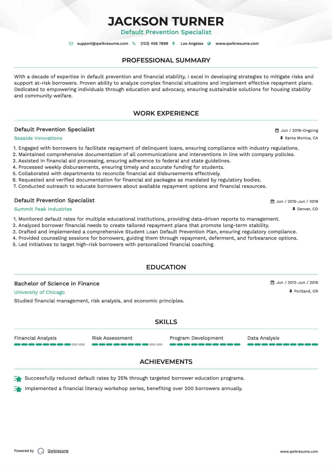 Default Prevention Specialist Resume Model