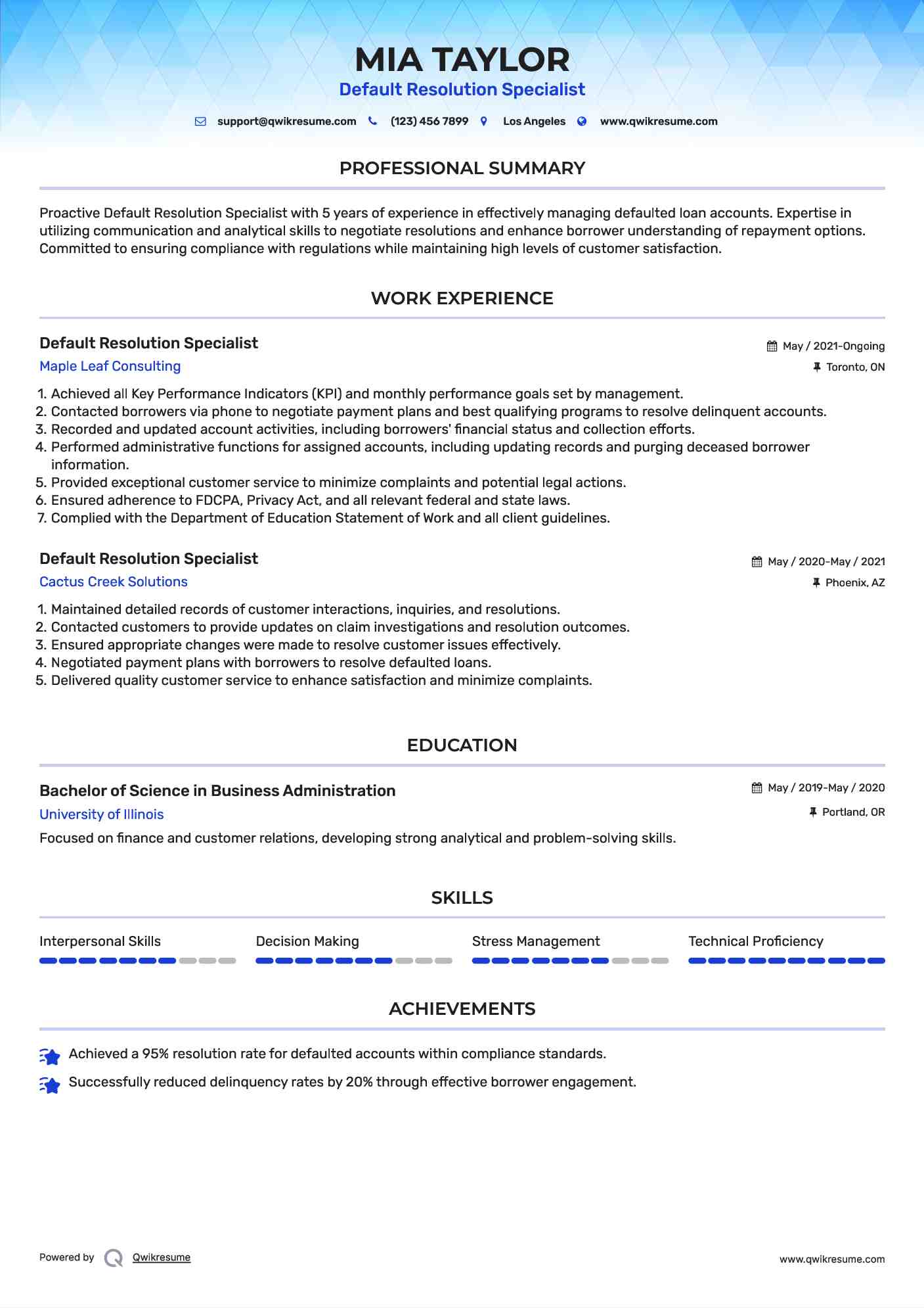 Default Resolution Specialist Resume Sample