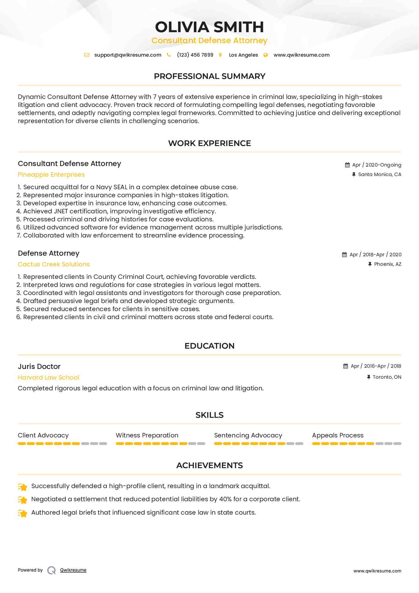 Consultant Defense Attorney Resume Example