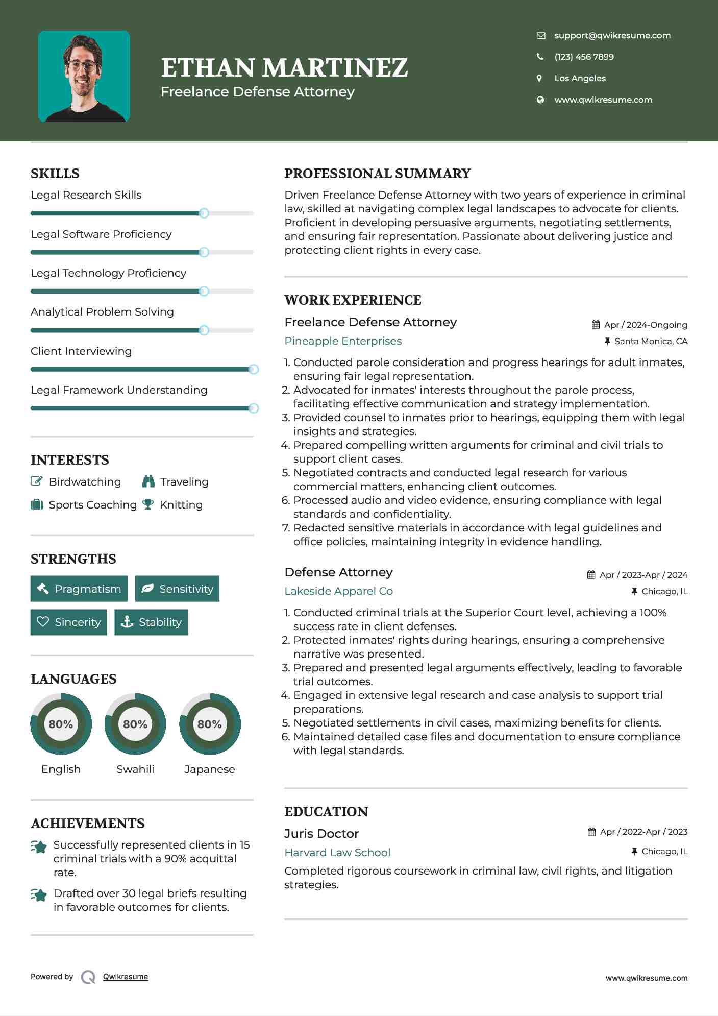 Freelance Defense Attorney Resume Model