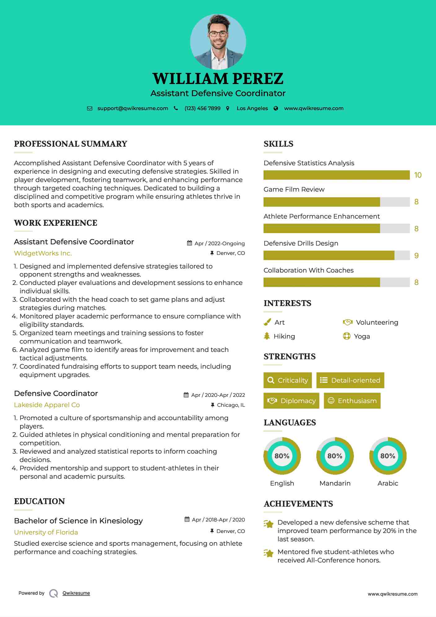 Assistant Defensive Coordinator Resume Sample