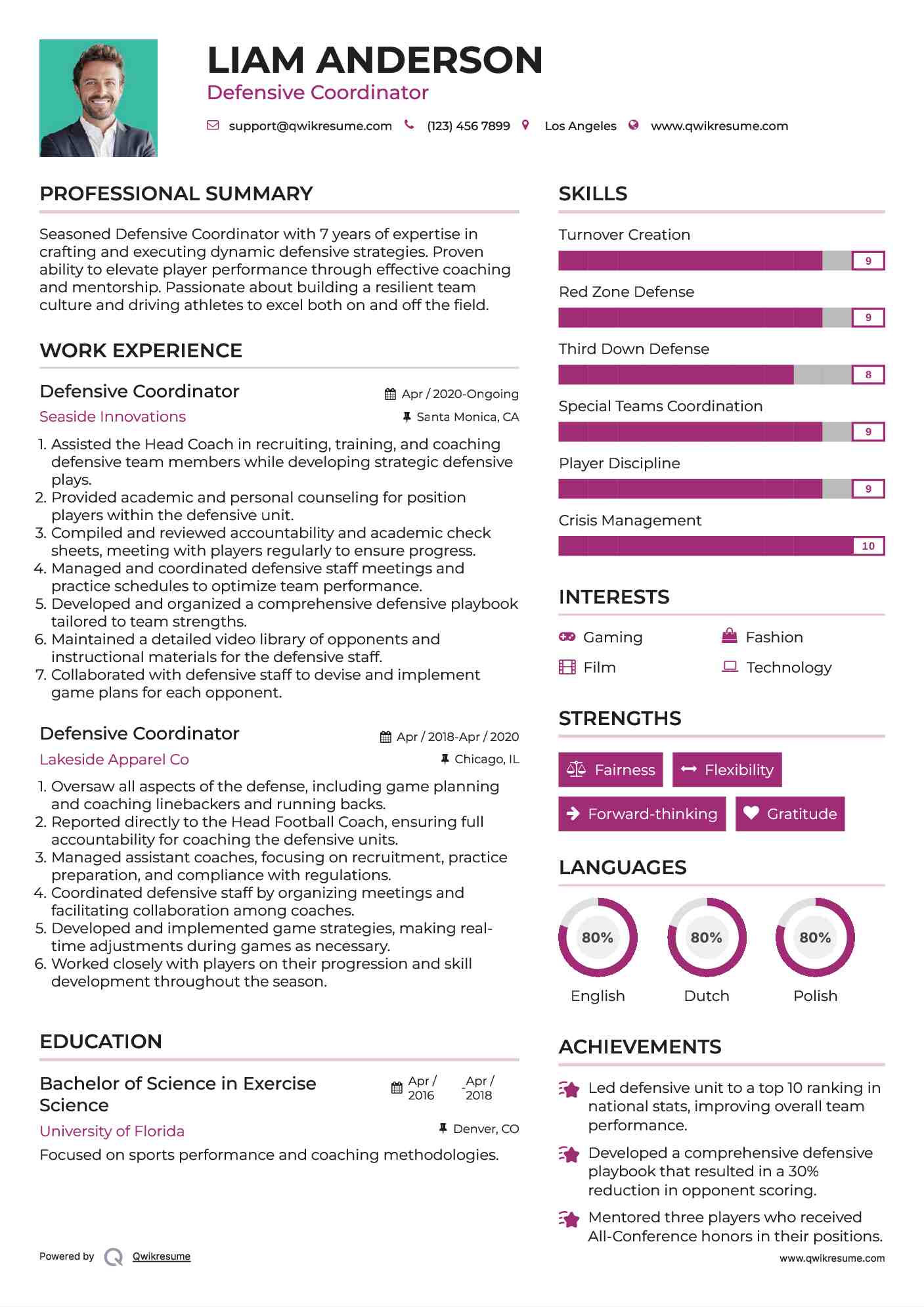 Defensive Coordinator Resume Example