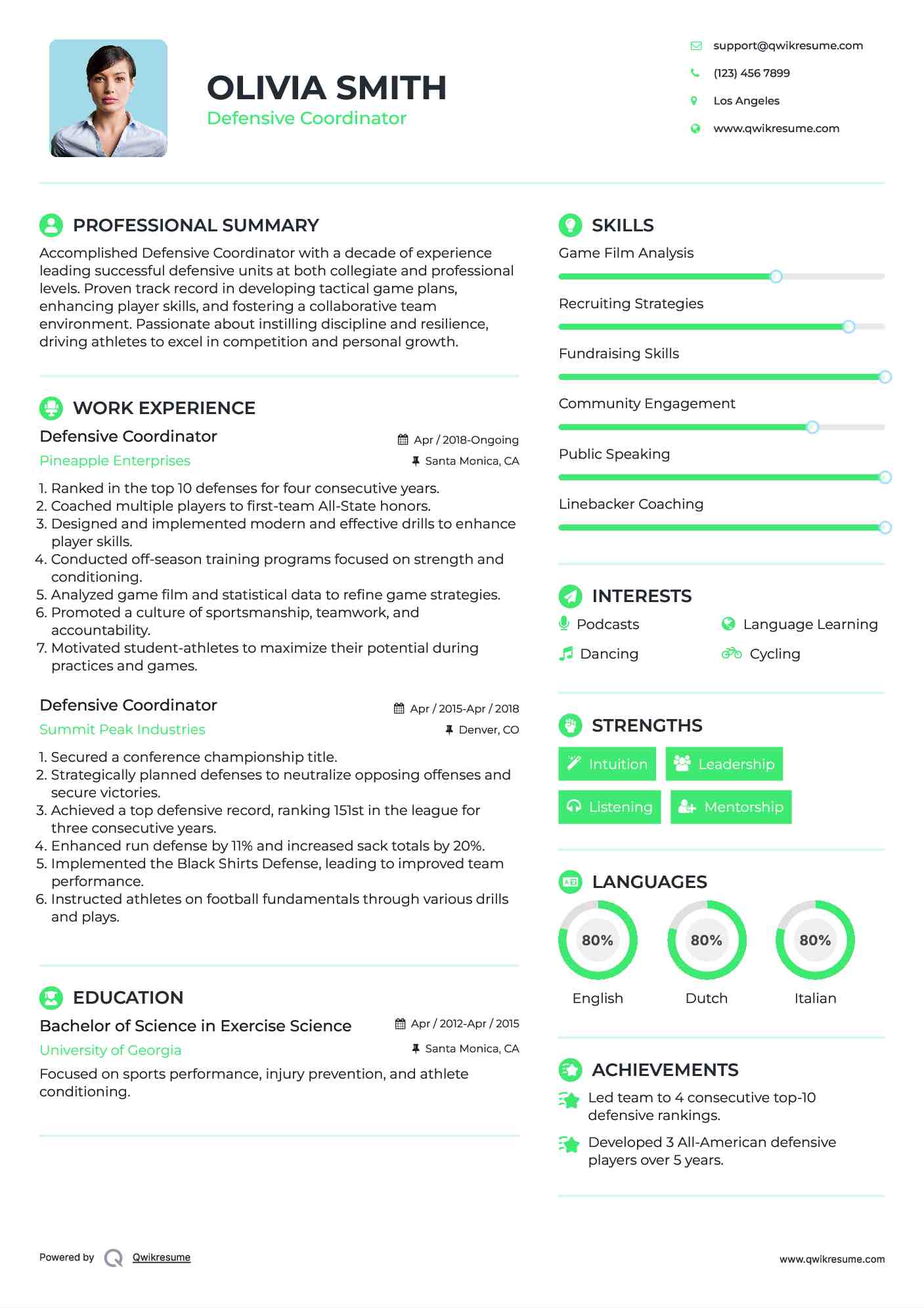 Defensive Coordinator Resume Example