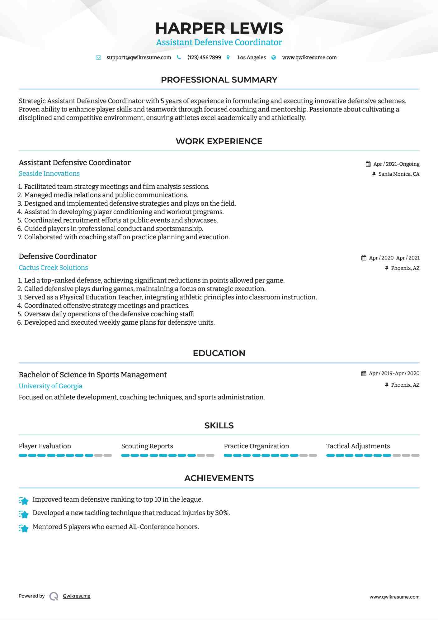 Assistant Defensive Coordinator Resume Sample