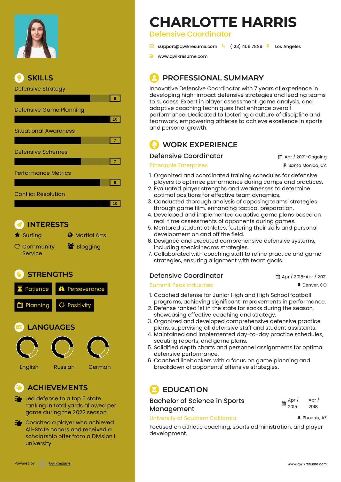 Defensive Coordinator Resume Template