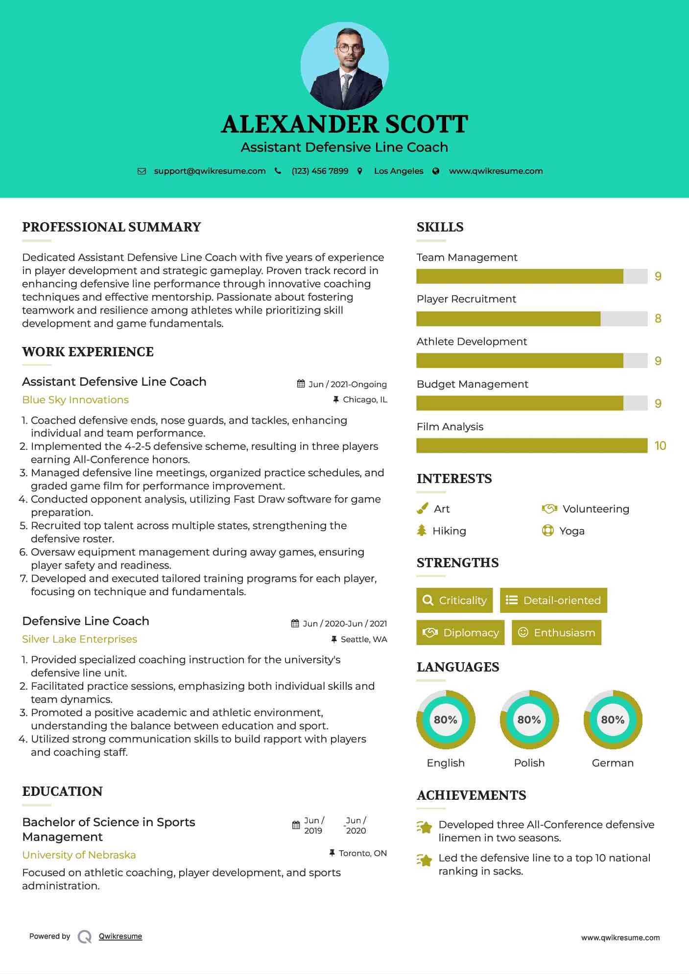 Assistant Defensive Line Coach Resume Model