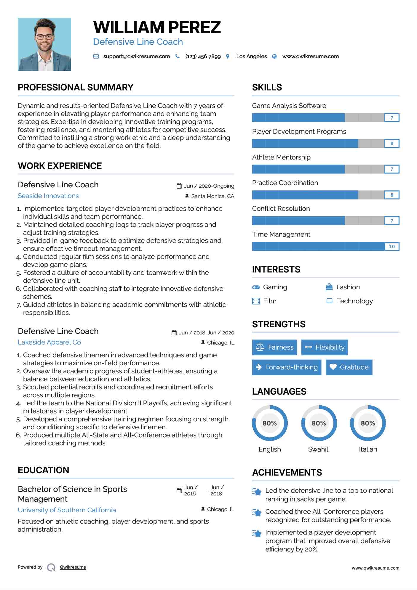 Defensive Line Coach Resume Sample