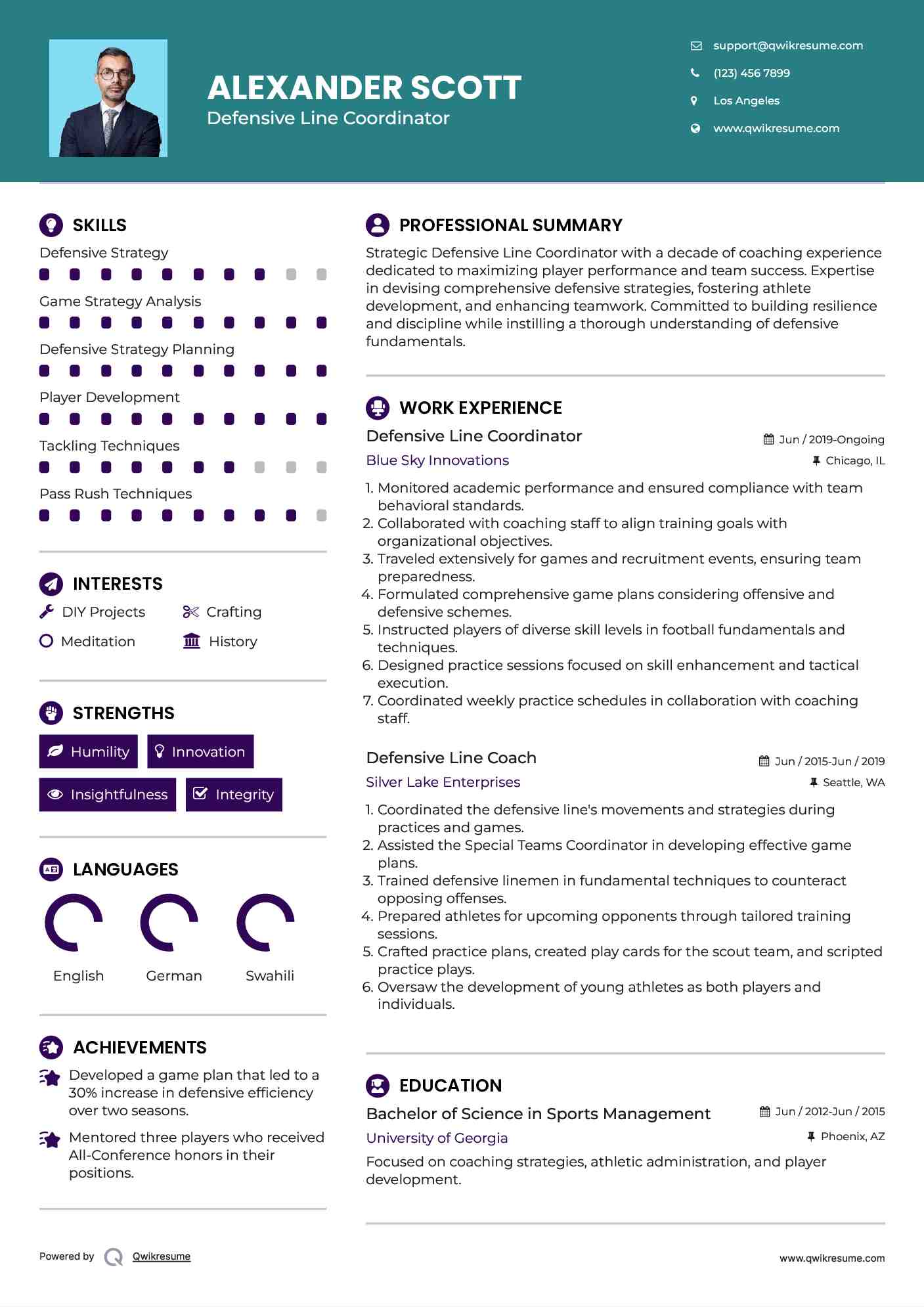 Defensive Line Coordinator Resume Sample