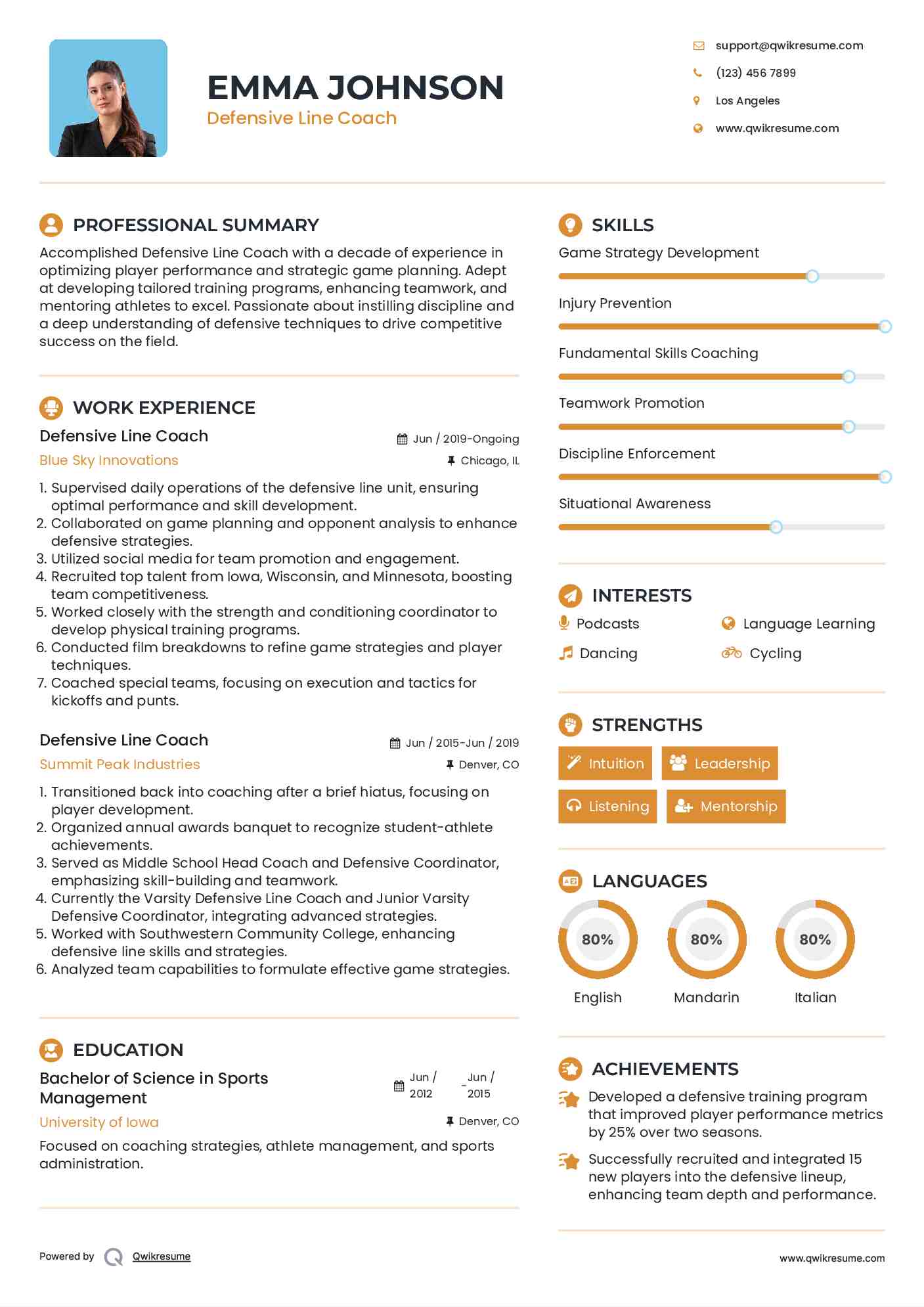 Defensive Line Coach Resume Sample