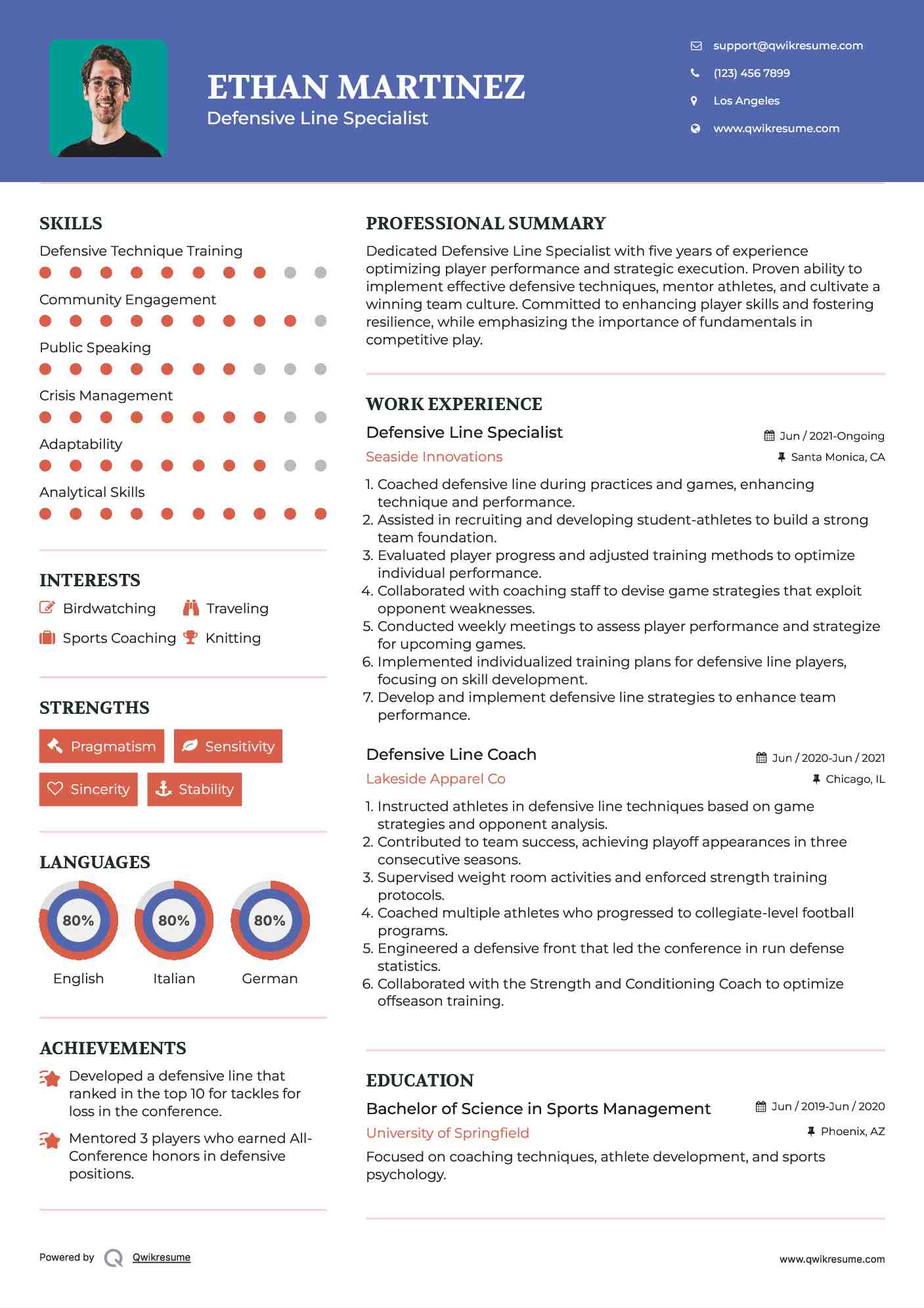 Defensive Line Specialist Resume Sample