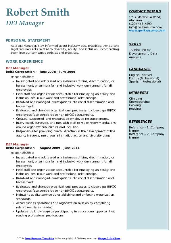 DEI Manager Resume Samples | QwikResume