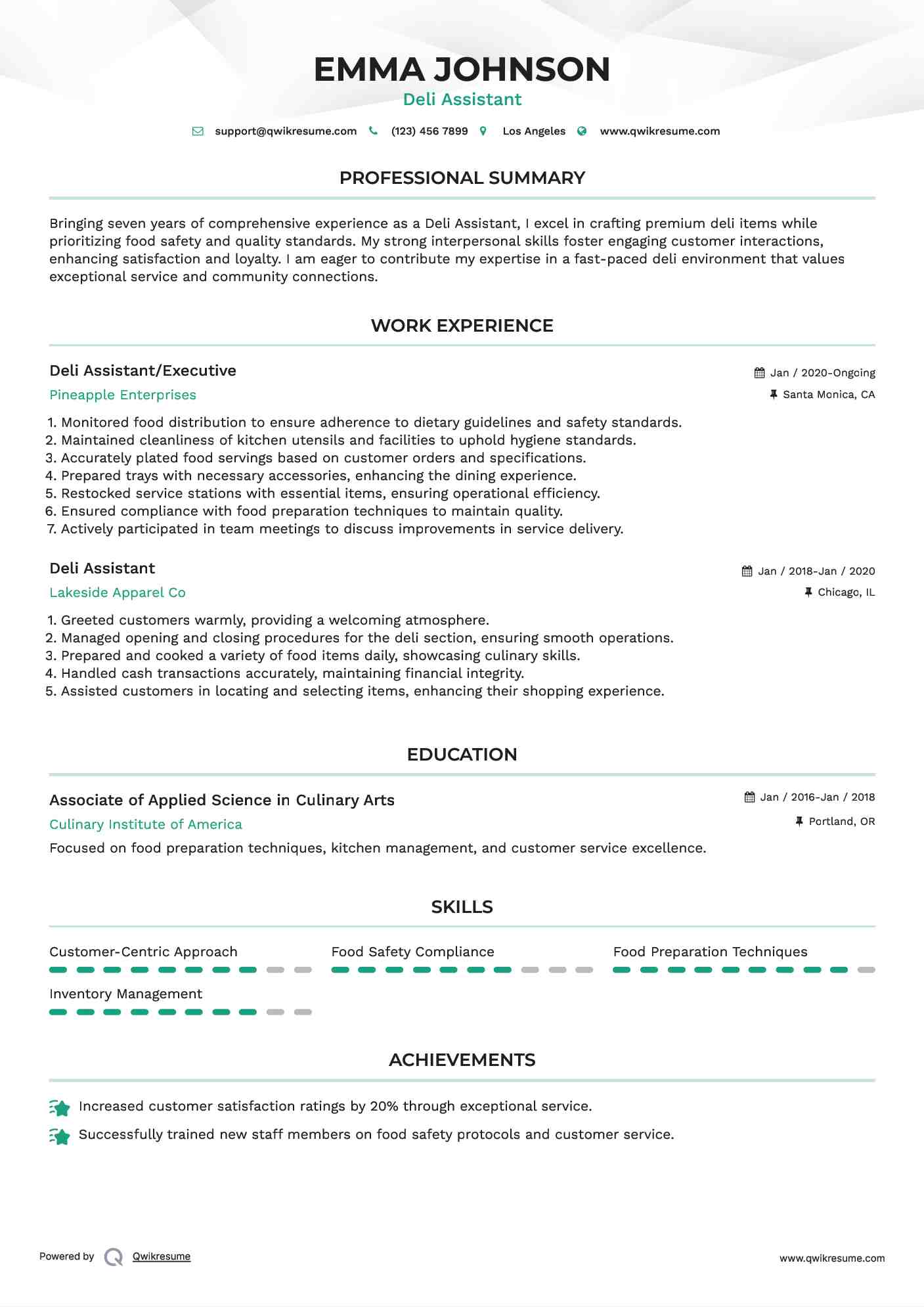 Deli Assistant/Executive Resume Model