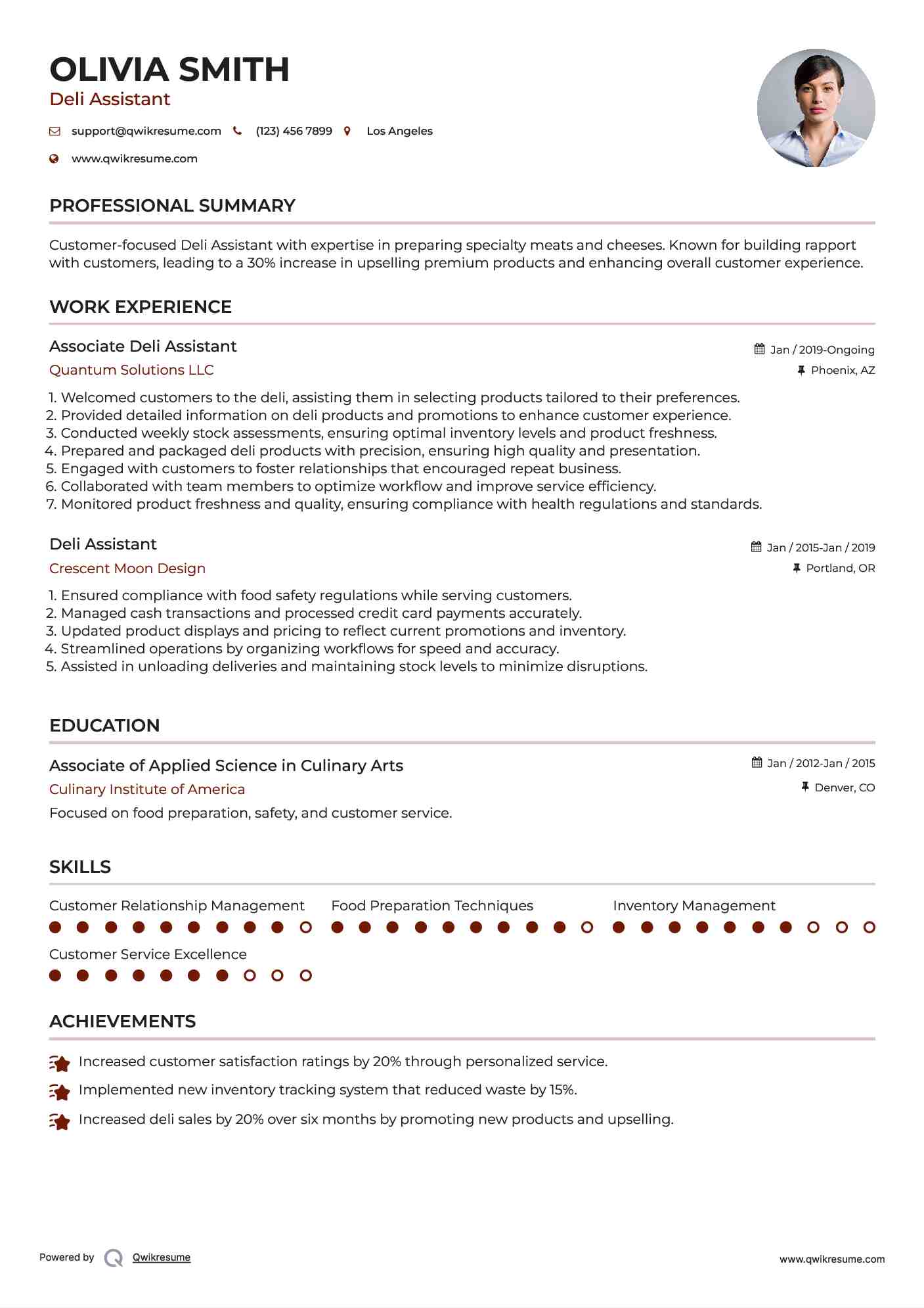 Associate Deli Assistant Resume Sample
