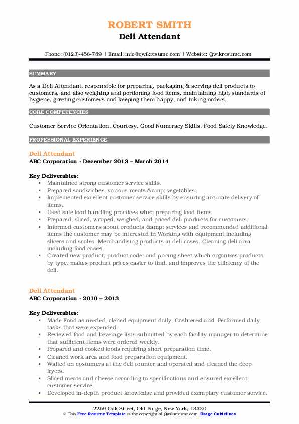 Deli Attendant Resume Samples QwikResume