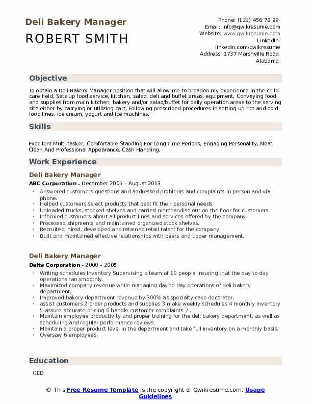 Deli Bakery Manager Resume Samples QwikResume