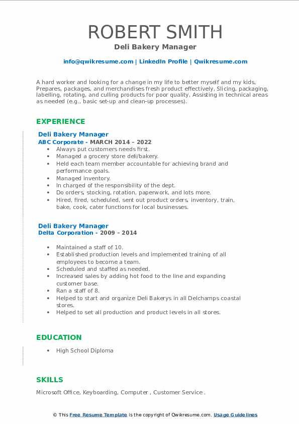 Deli Bakery Manager Resume Samples QwikResume