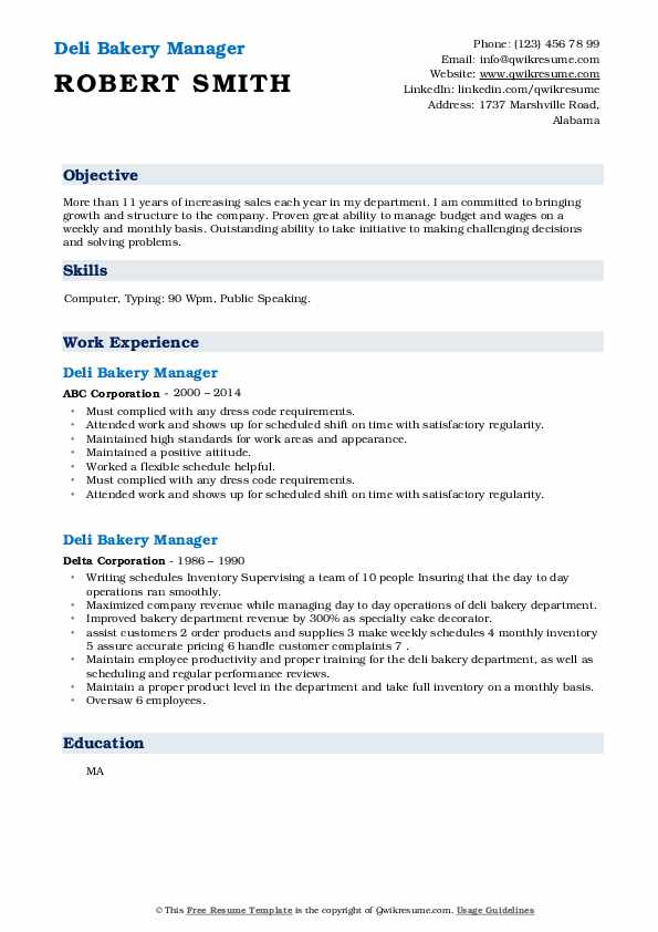 Deli Bakery Manager Resume Samples QwikResume