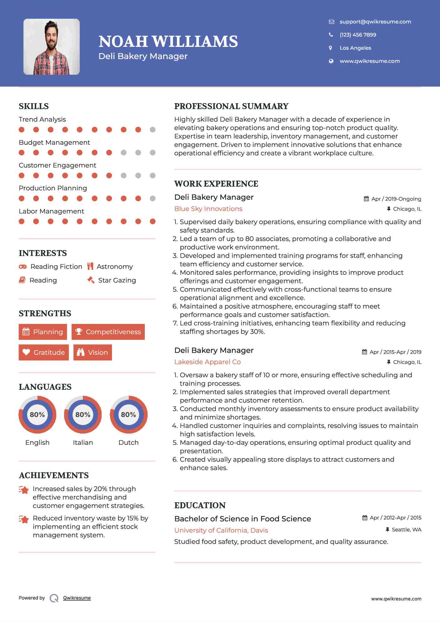 Deli Bakery Manager Resume Model