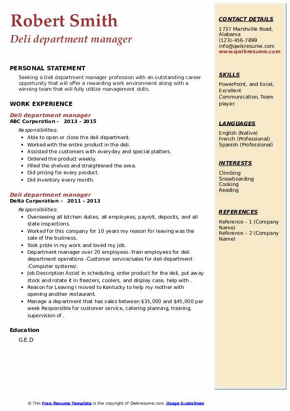 Deli department manager Resume Samples QwikResume