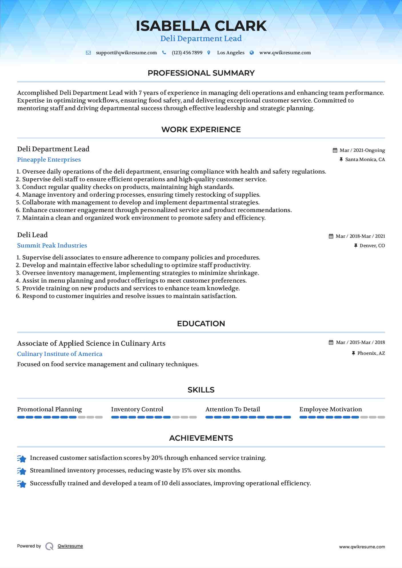 Deli Department Lead
 Resume Example