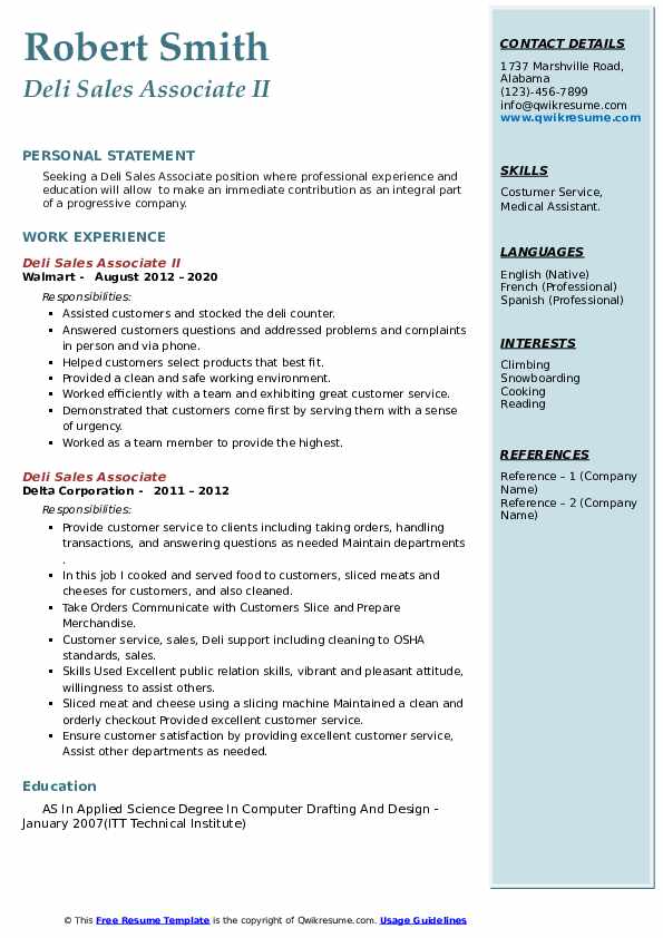 Deli Sales Associate Resume Samples QwikResume