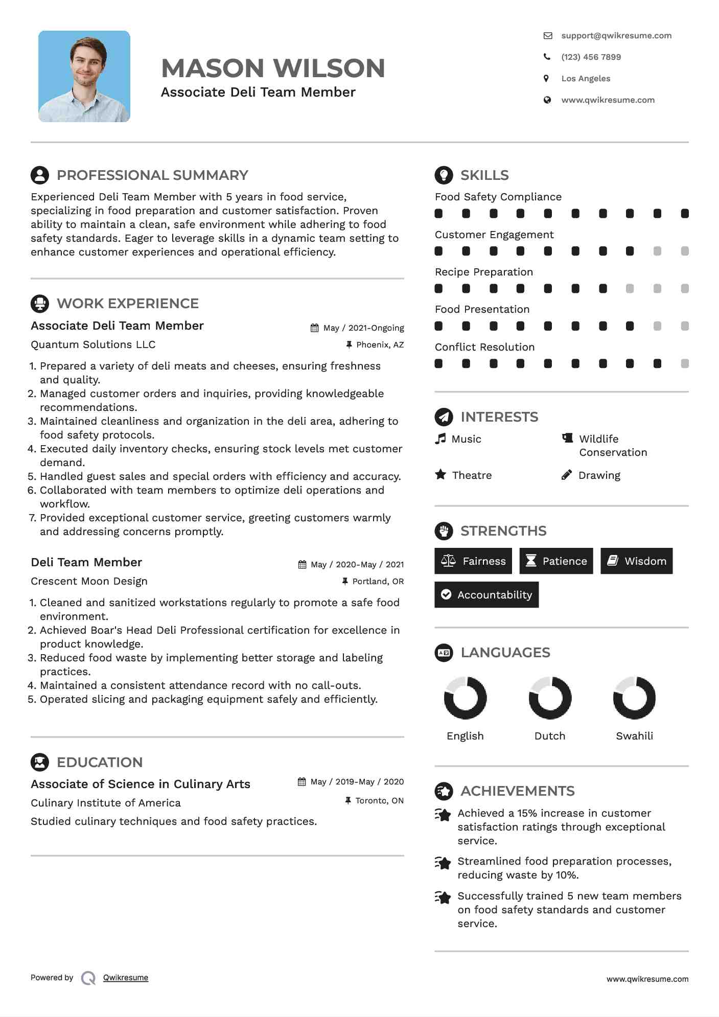Associate Deli Team Member Resume Sample