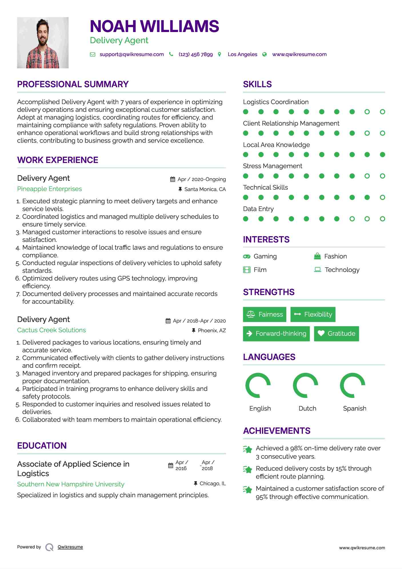 Delivery Agent Resume Sample
