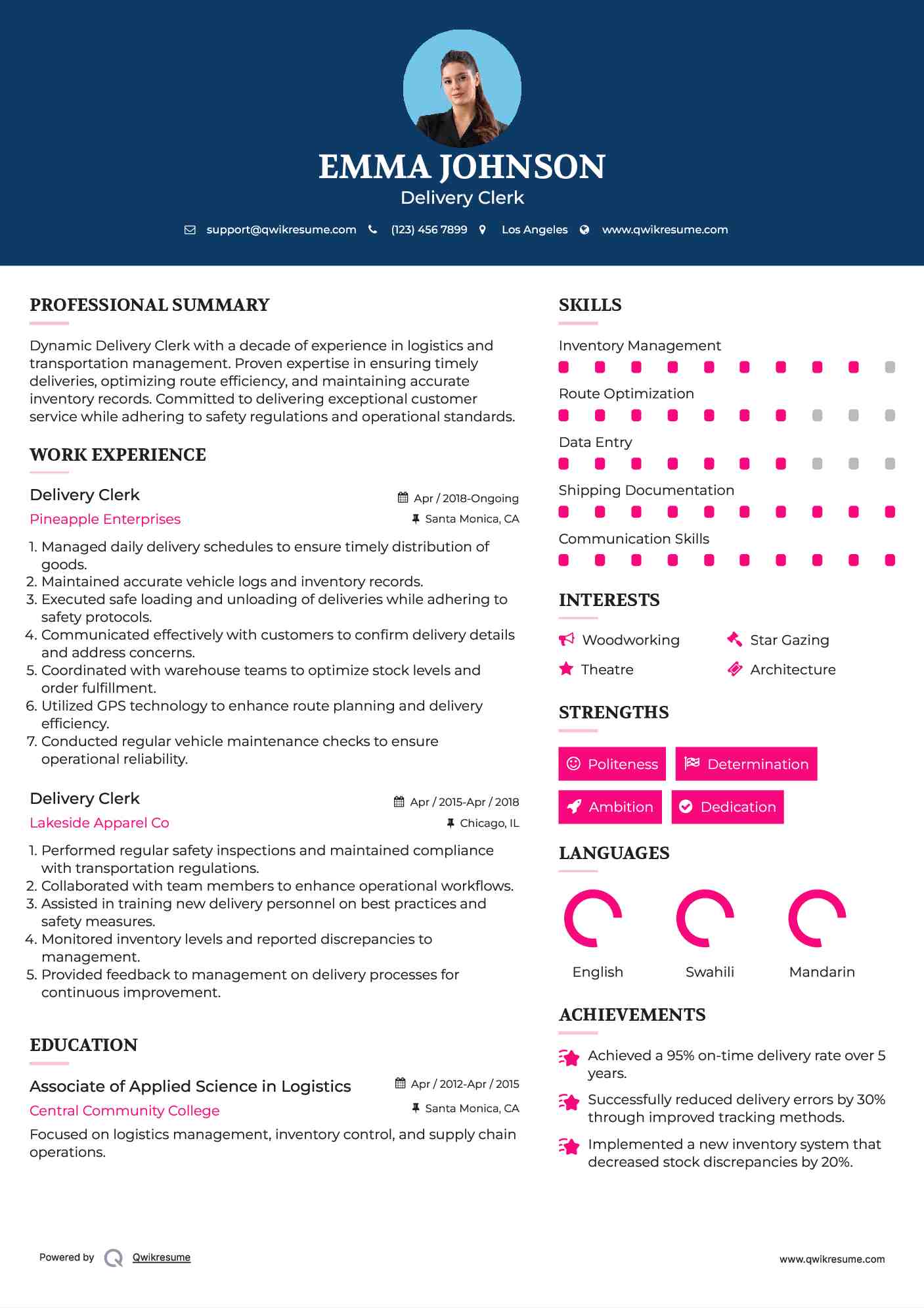 Delivery Clerk Resume Template