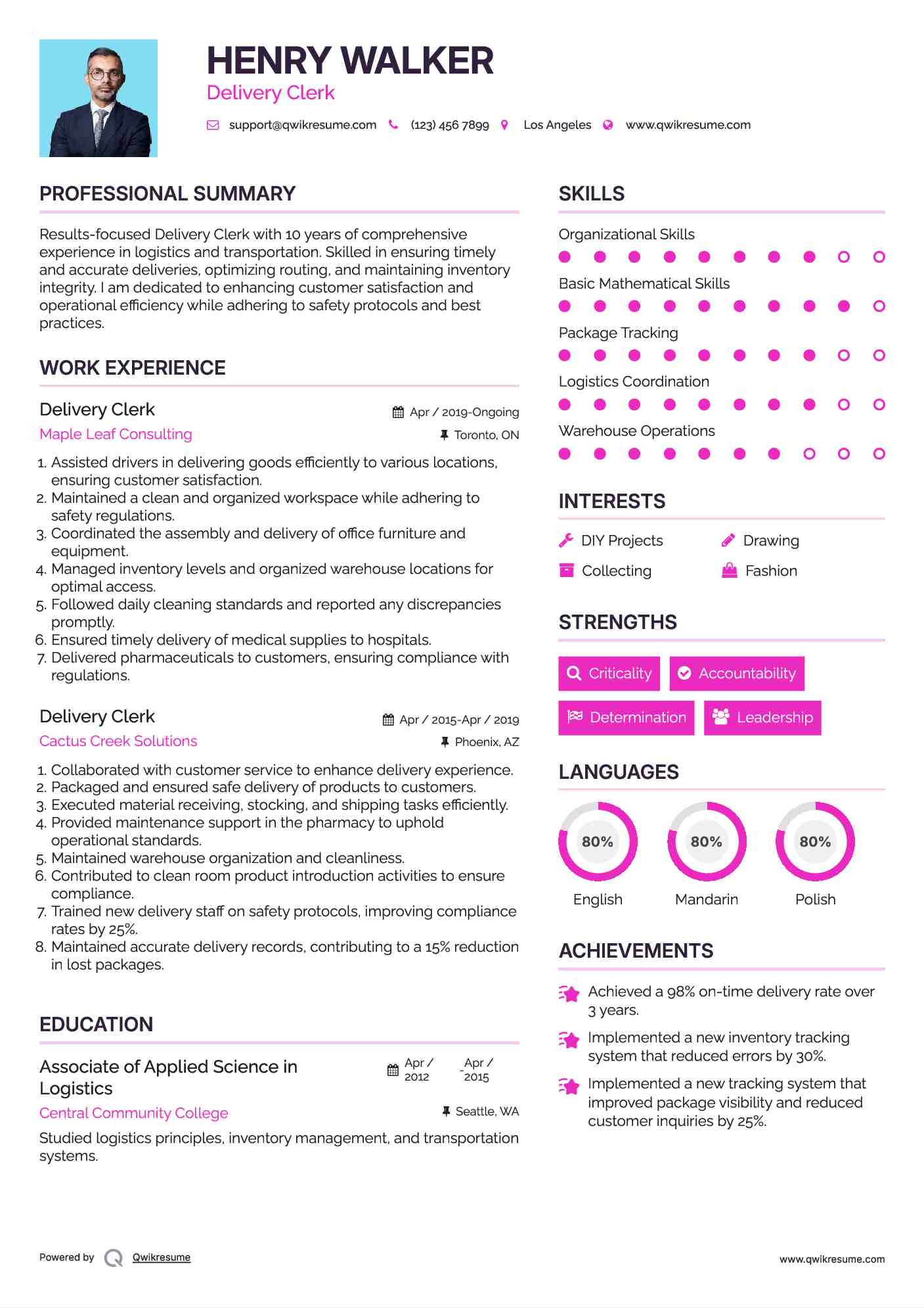 Delivery Clerk Resume Example