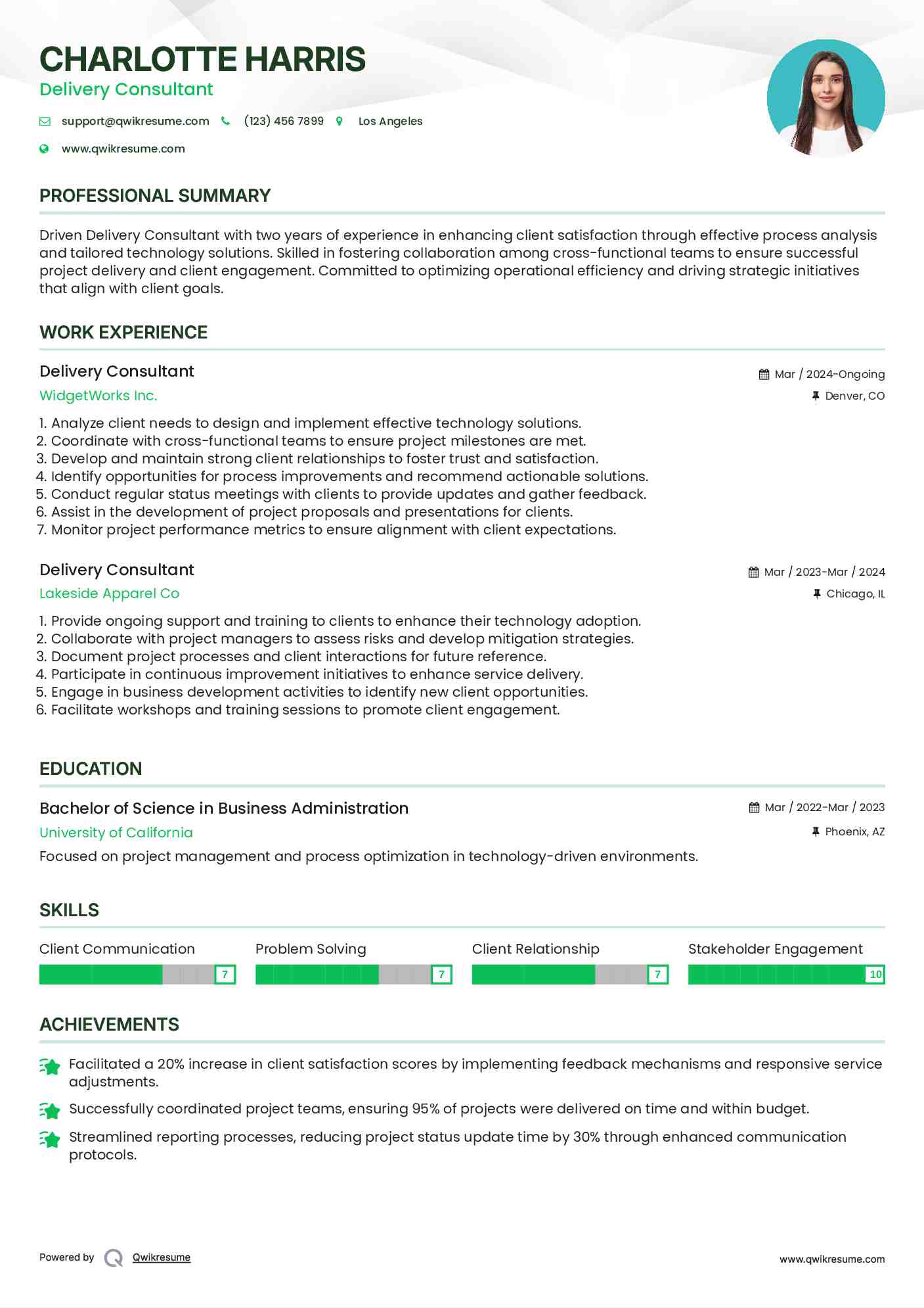 Delivery Consultant Resume Example