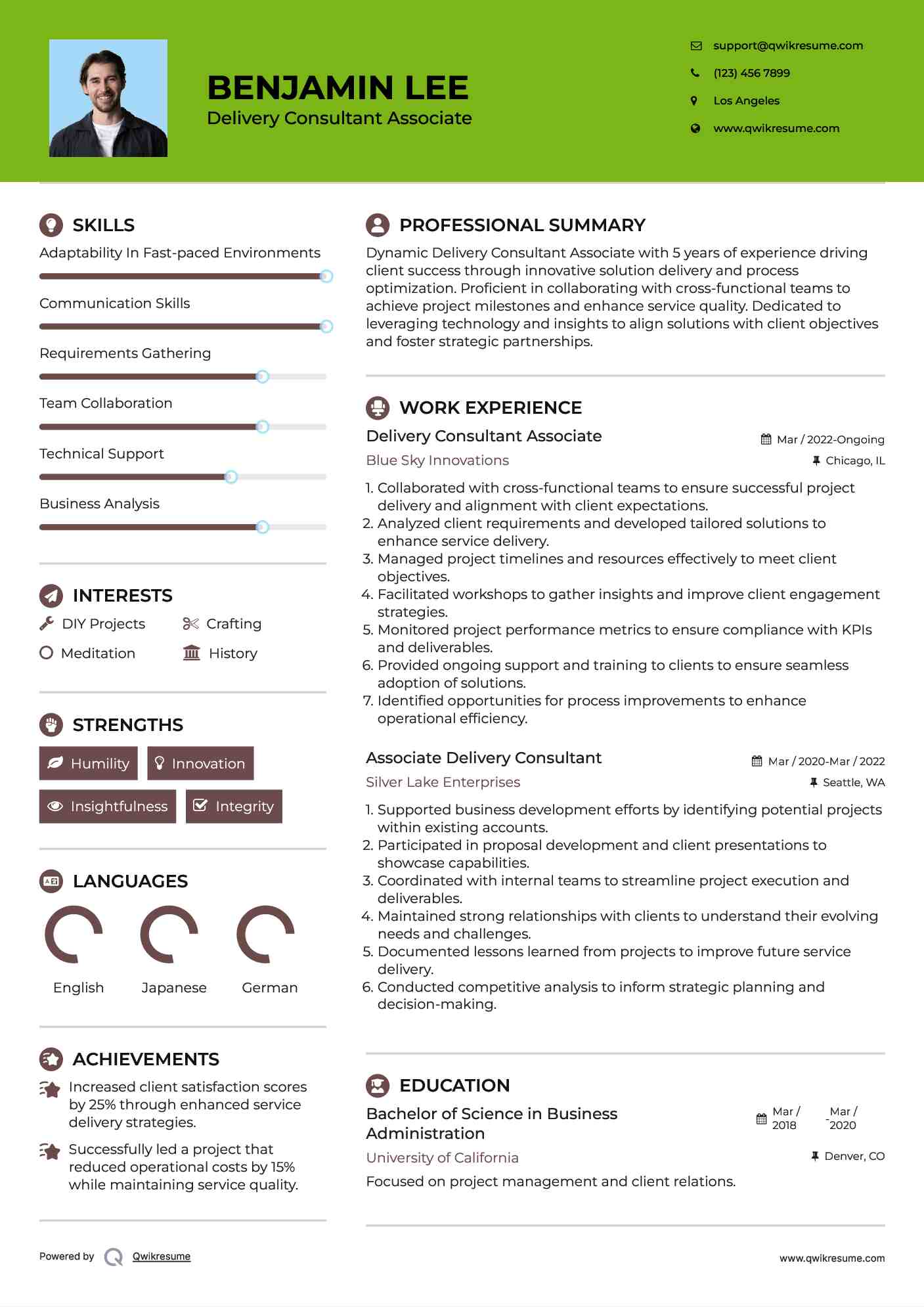 Delivery Consultant Associate Resume Example