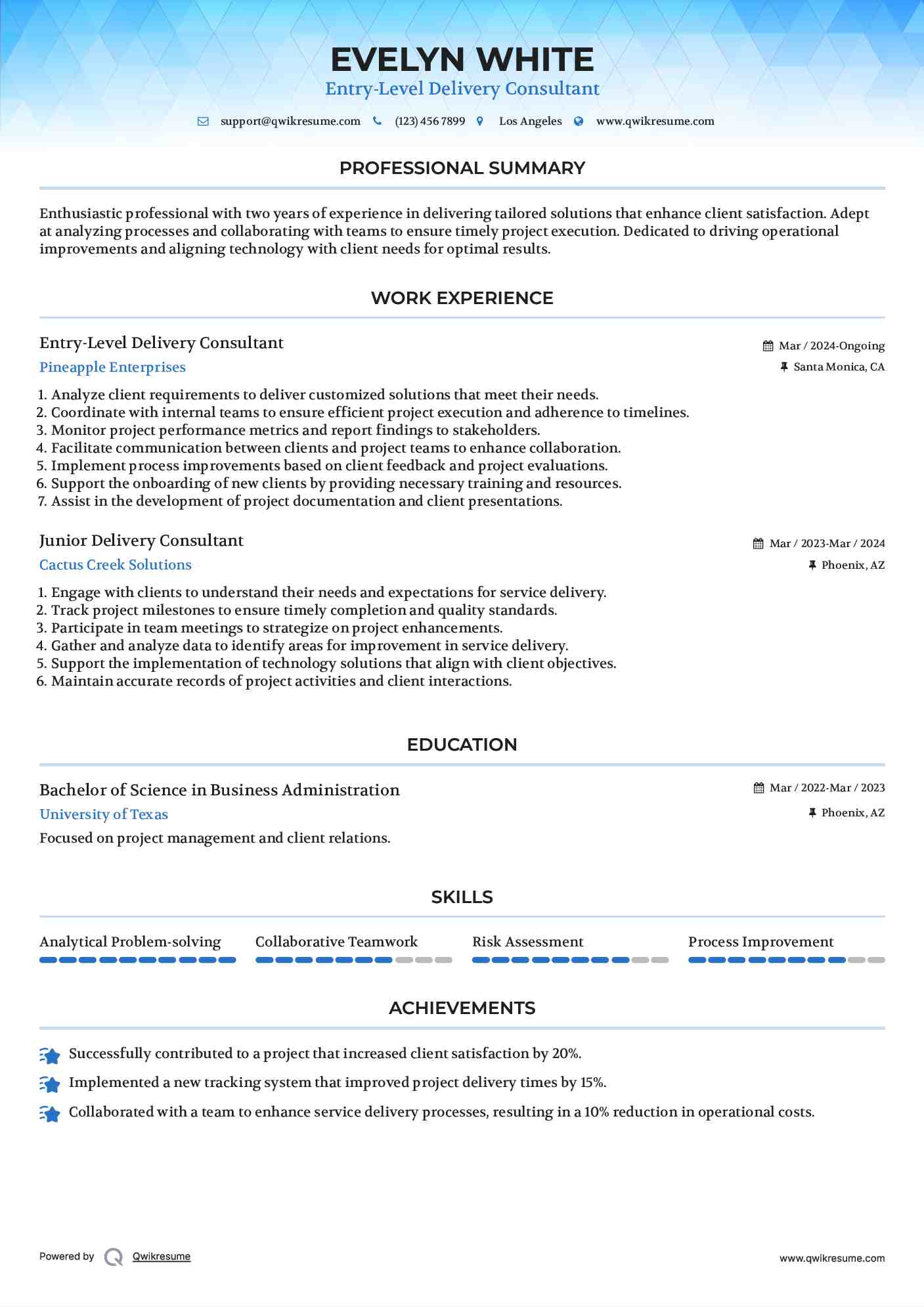 Entry-Level Delivery Consultant Resume Sample