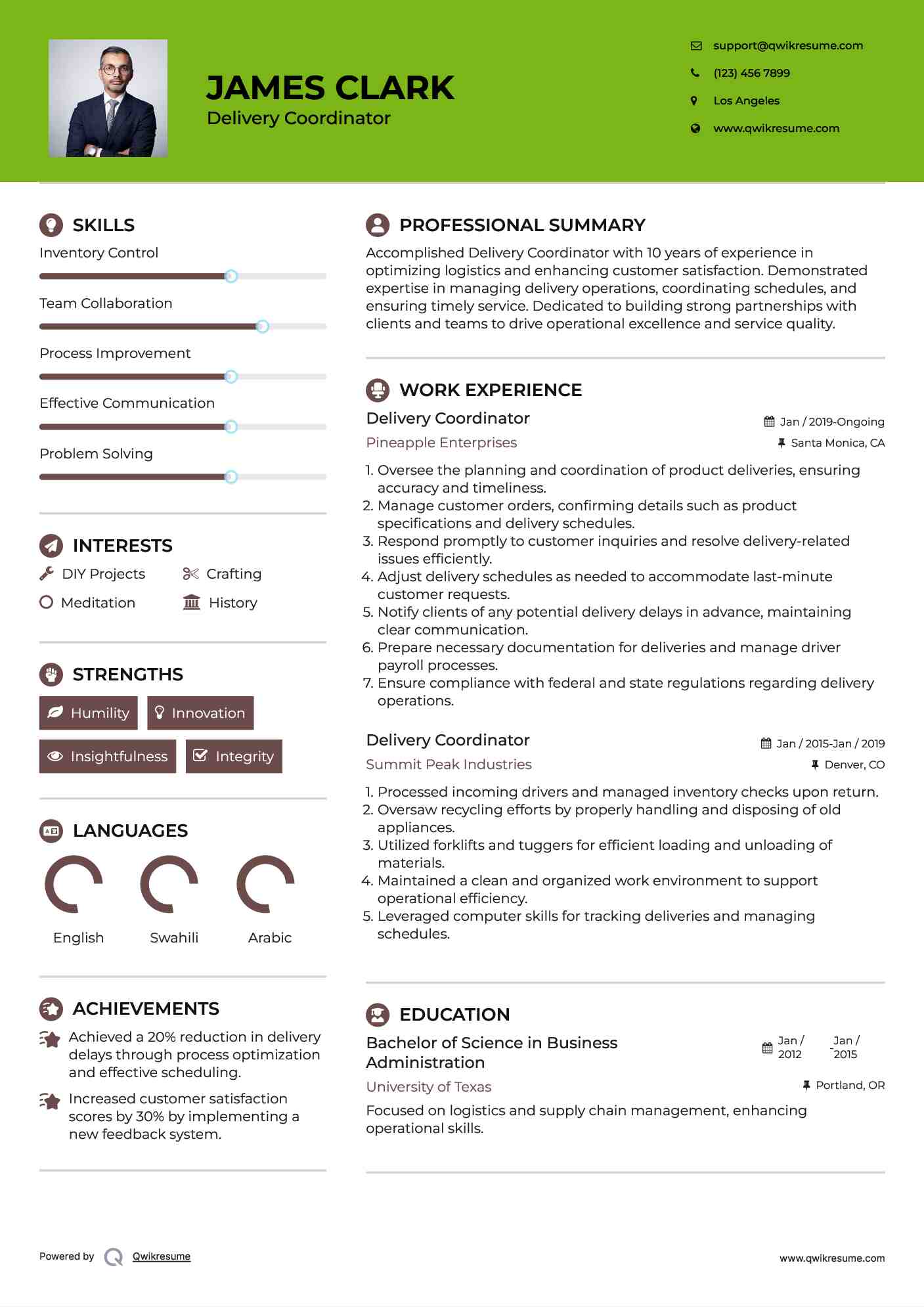 Delivery Coordinator Resume Template