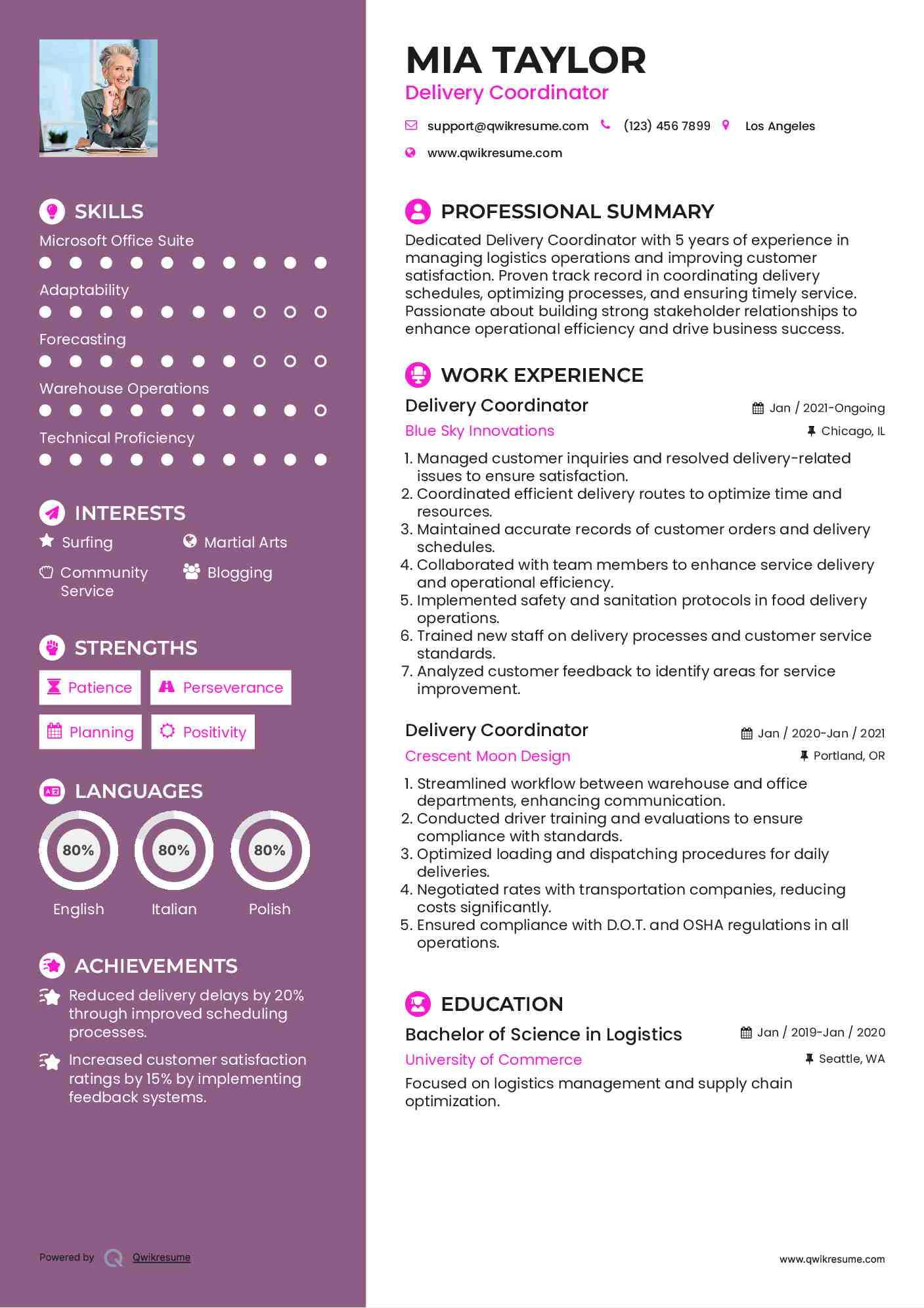 Delivery Coordinator Resume Sample