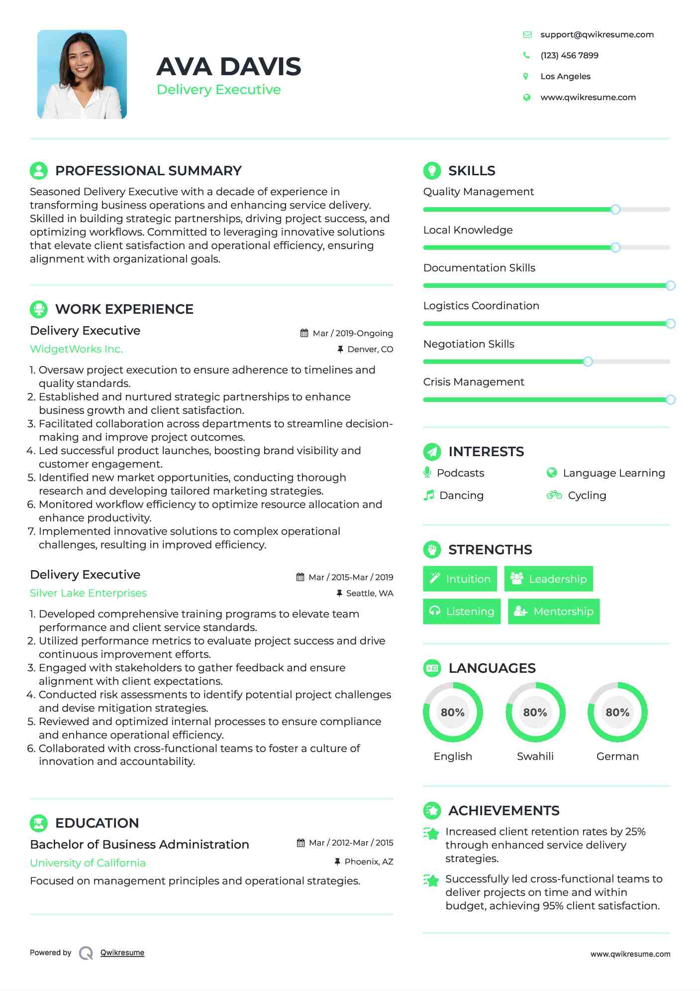 Delivery Executive Resume Example
